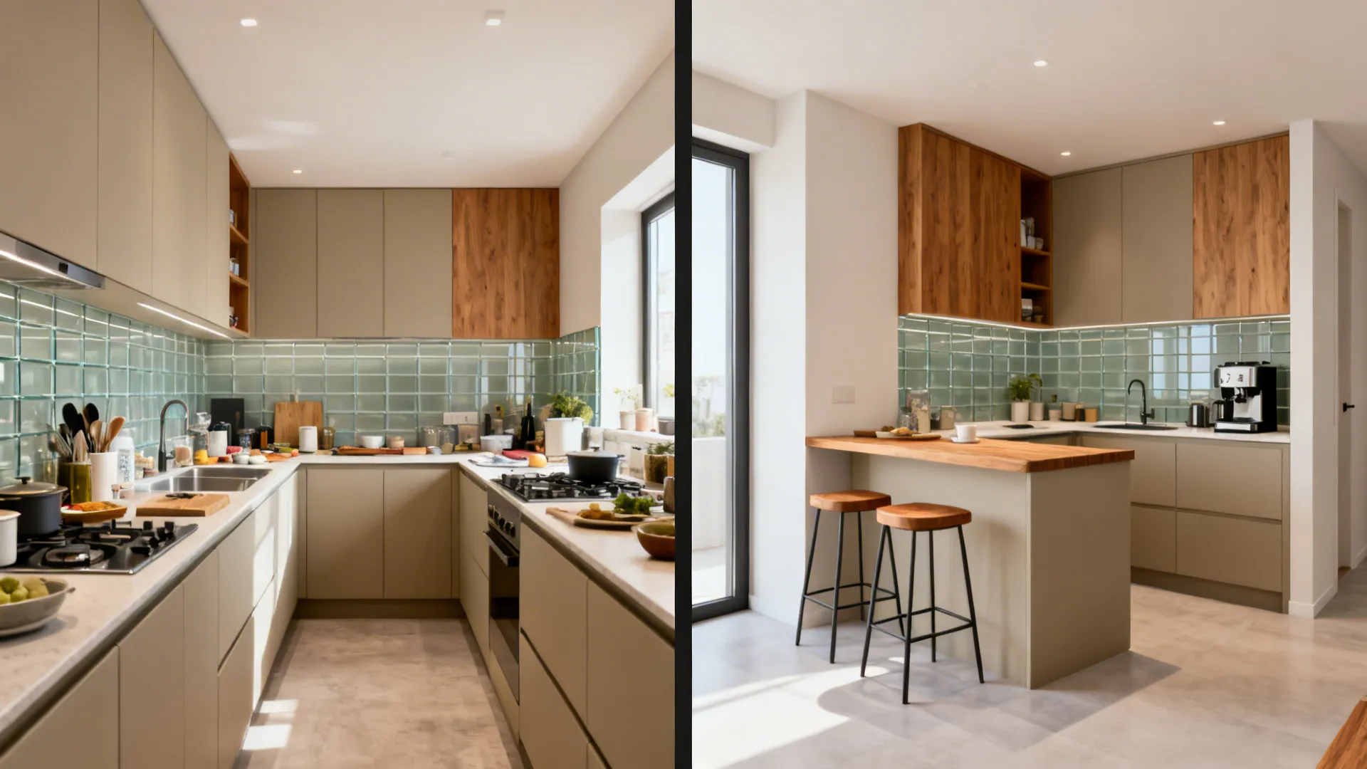 Before: straight kitchen with clutter; After: compact L-shape with more counter and a two-stool bar.