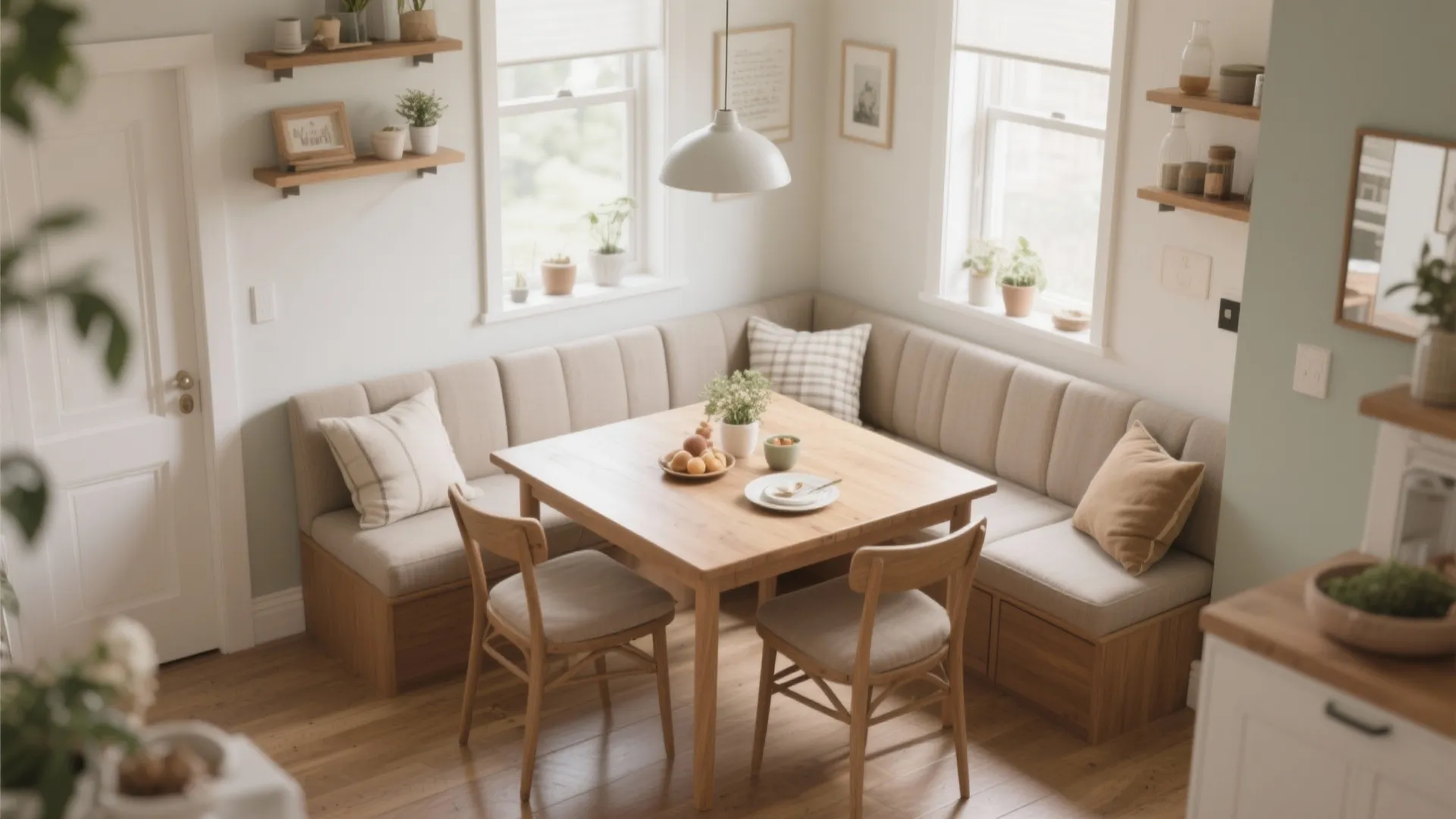 Cozy dining area with wooden table, l-shaped seating bench, two chairs, and a ceiling light
