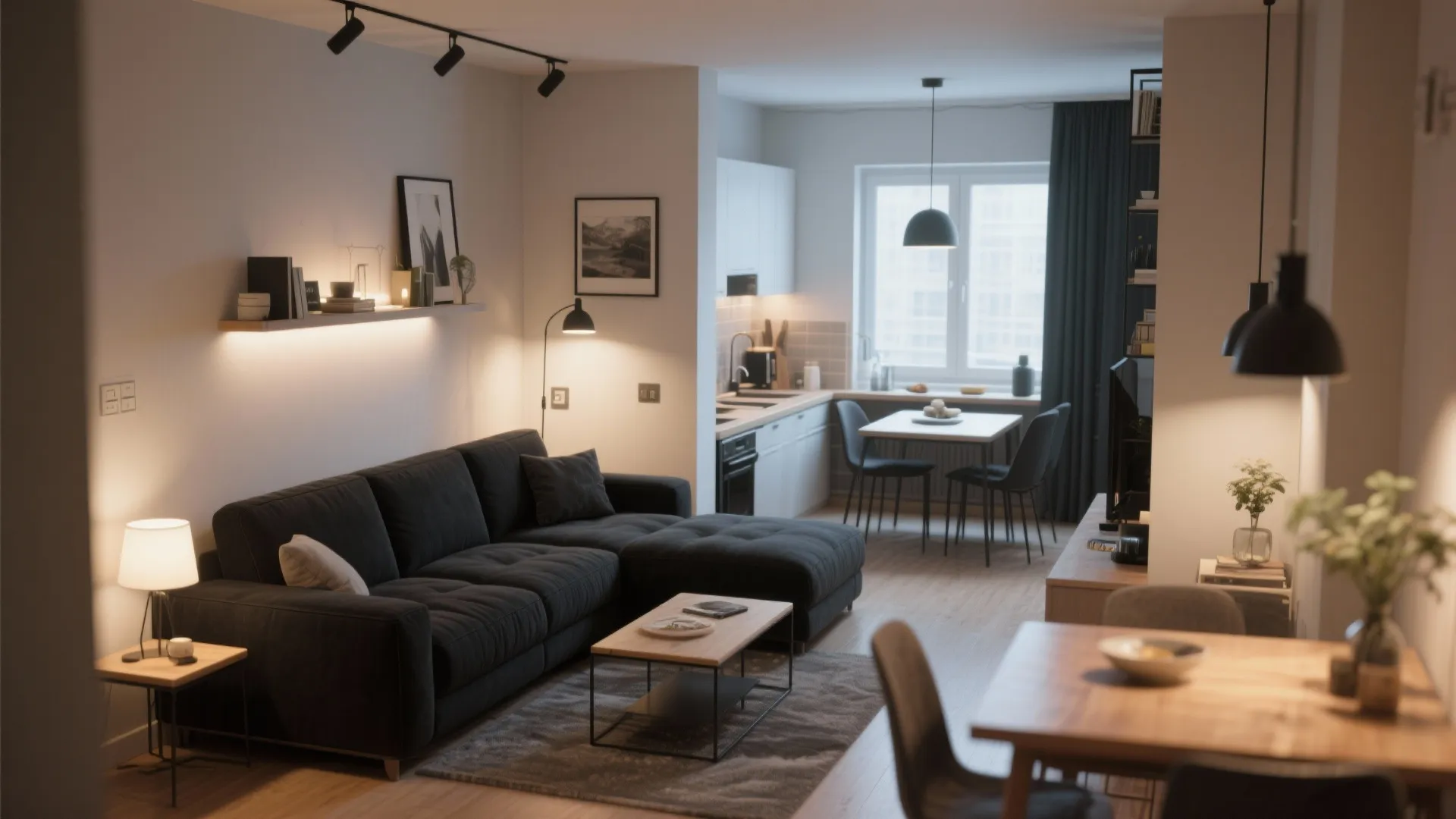 L-shaped black sofa separating two zones in an apartment