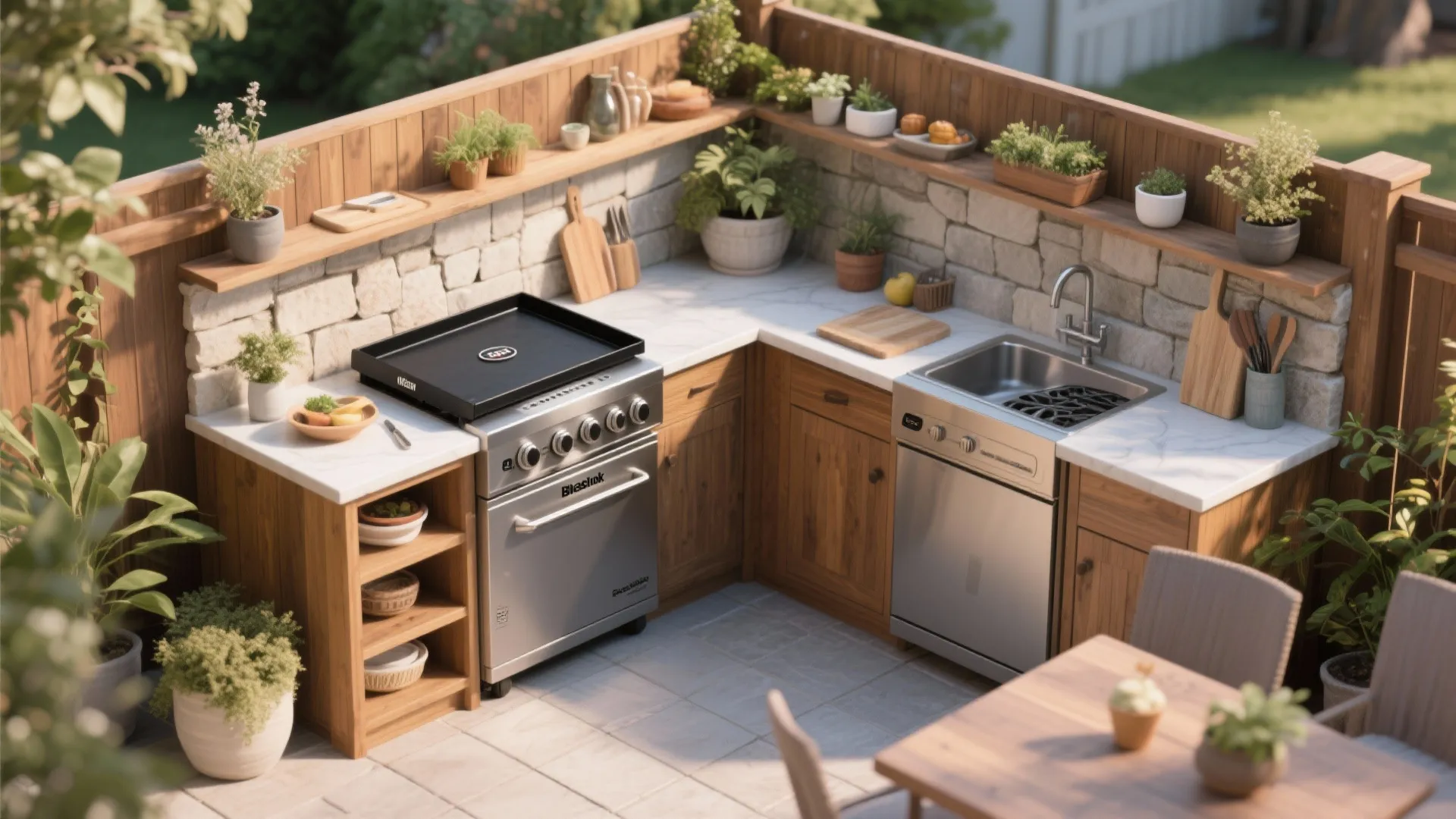 L shaped outdoor kitchen with wooden cabinets stone wall silver grill sink and small plants