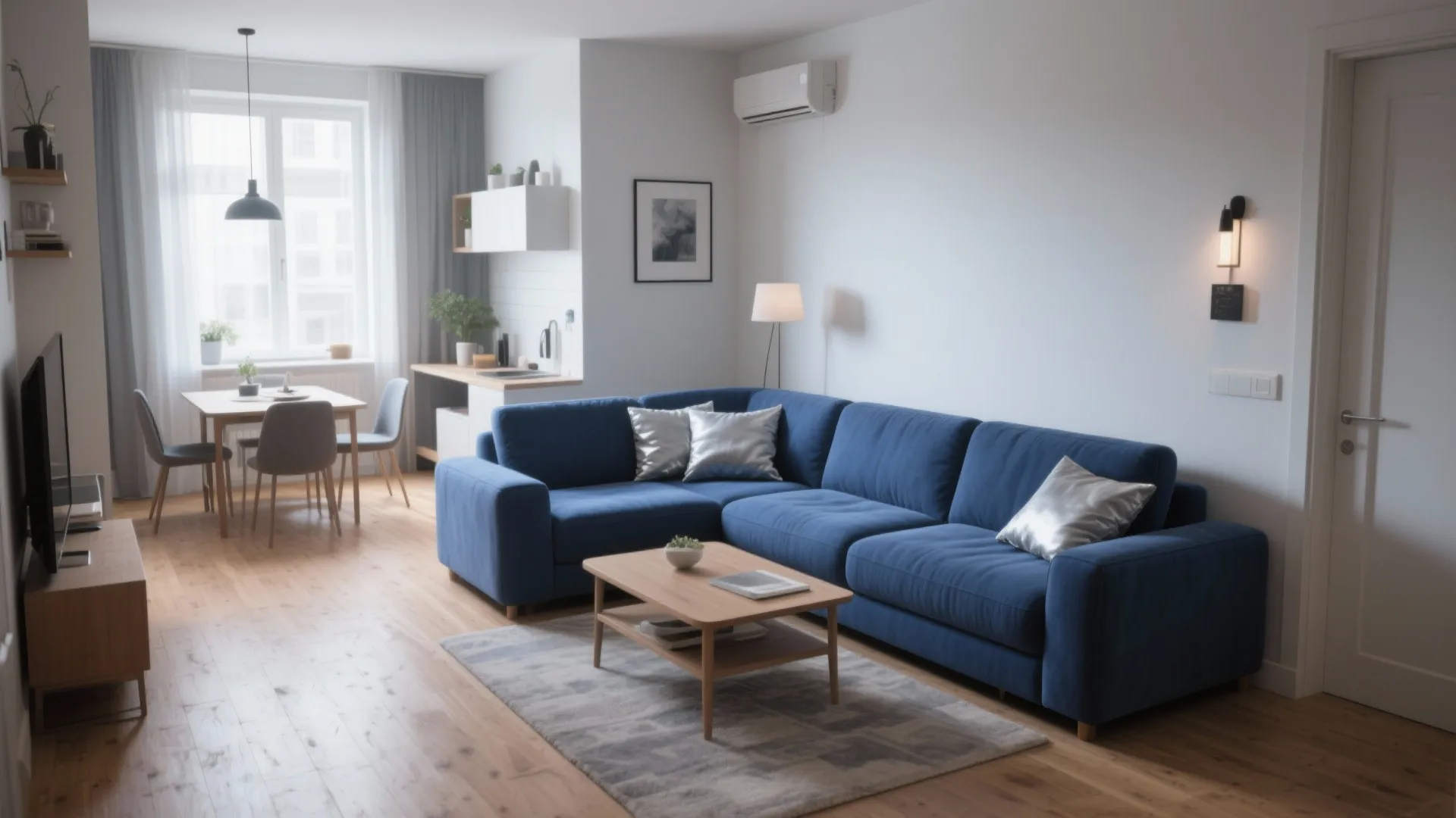 7. L-shaped Sectional with Blue Upholstery and Silver Cushions