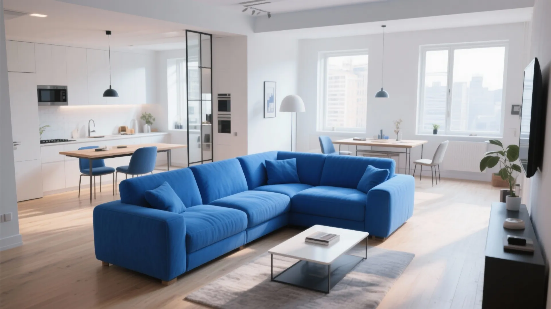 Open plan apartment layout showing blue sofa white kitchen wooden dining table and large bright windows