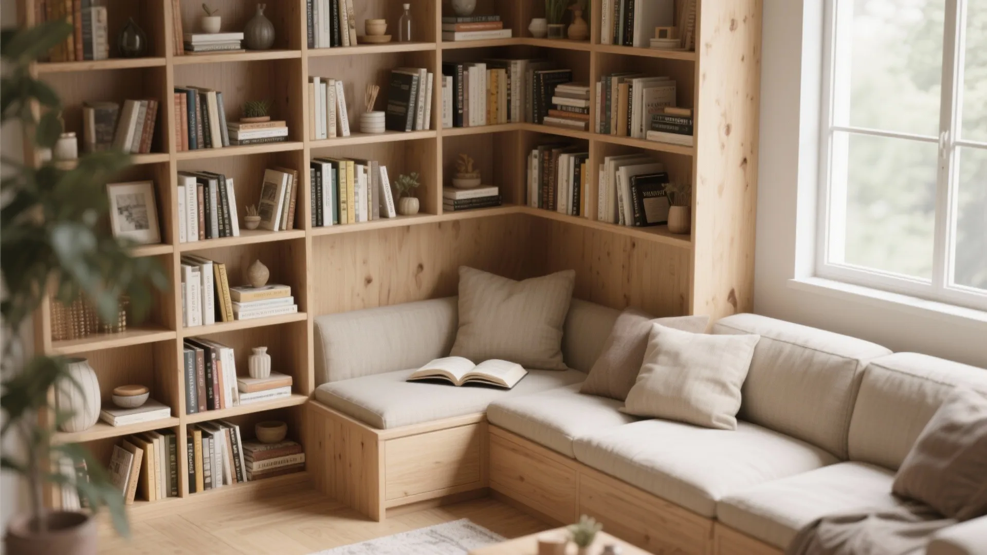 Wooden L-shaped bookshelf filled with many books and a comfortable sofa seat with cozy pillows