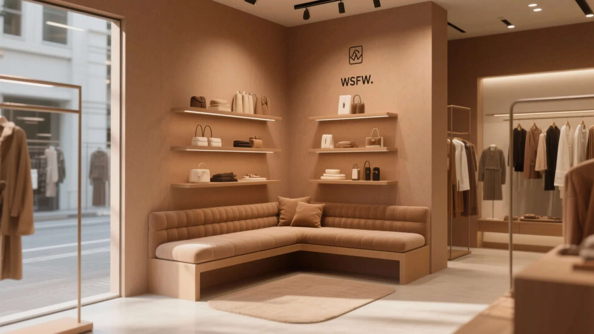 Modern boutique corner with a brown sofa, wall shelves for bags, and hanging clothes racks