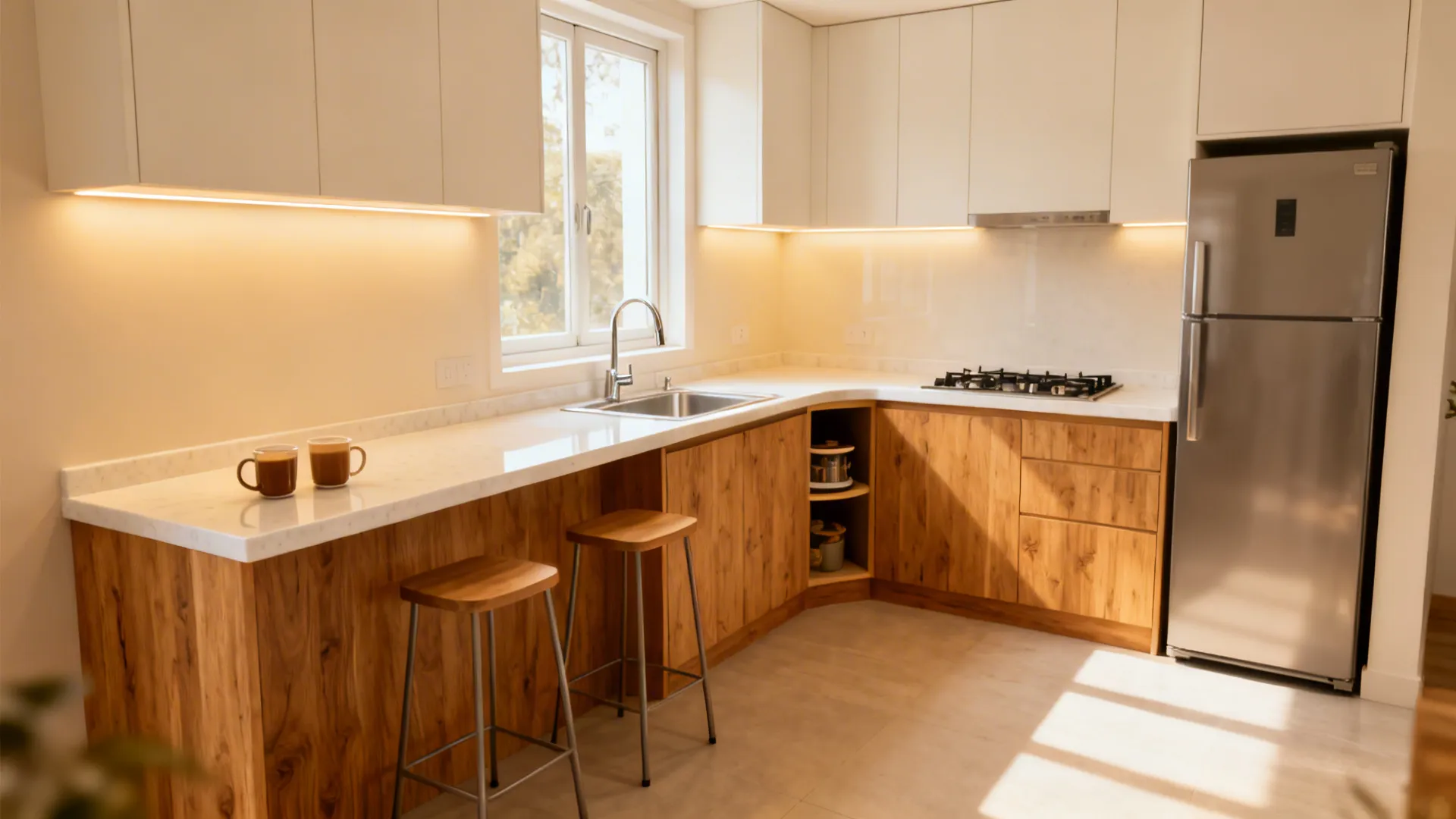 Modern L-shaped kitchen with wooden cabinets, white countertop, two wooden stools, sink, and silver fridge