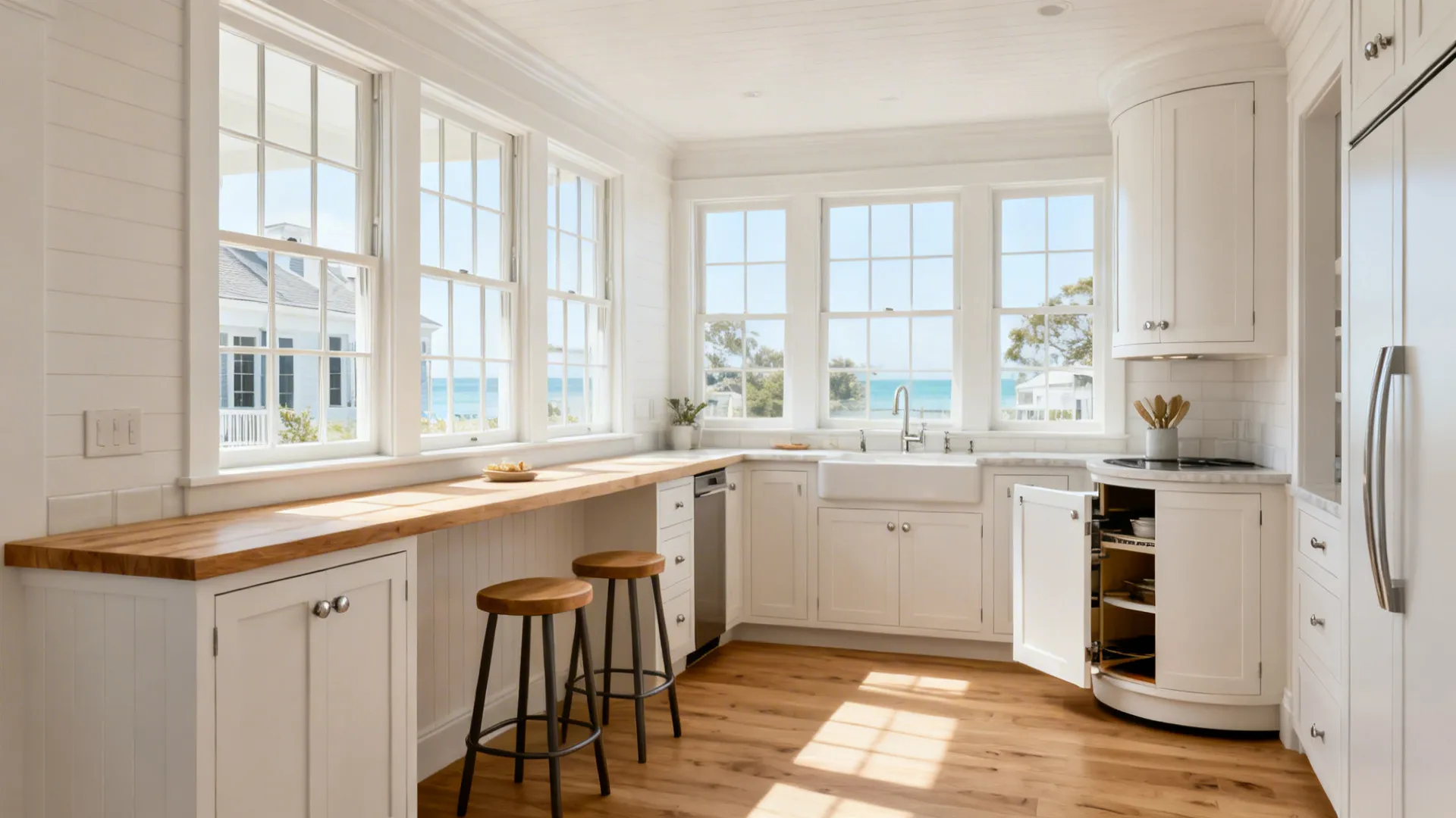 L-shaped Charleston kitchen with a breakfast ledge, long counters, and coastal finishes.
