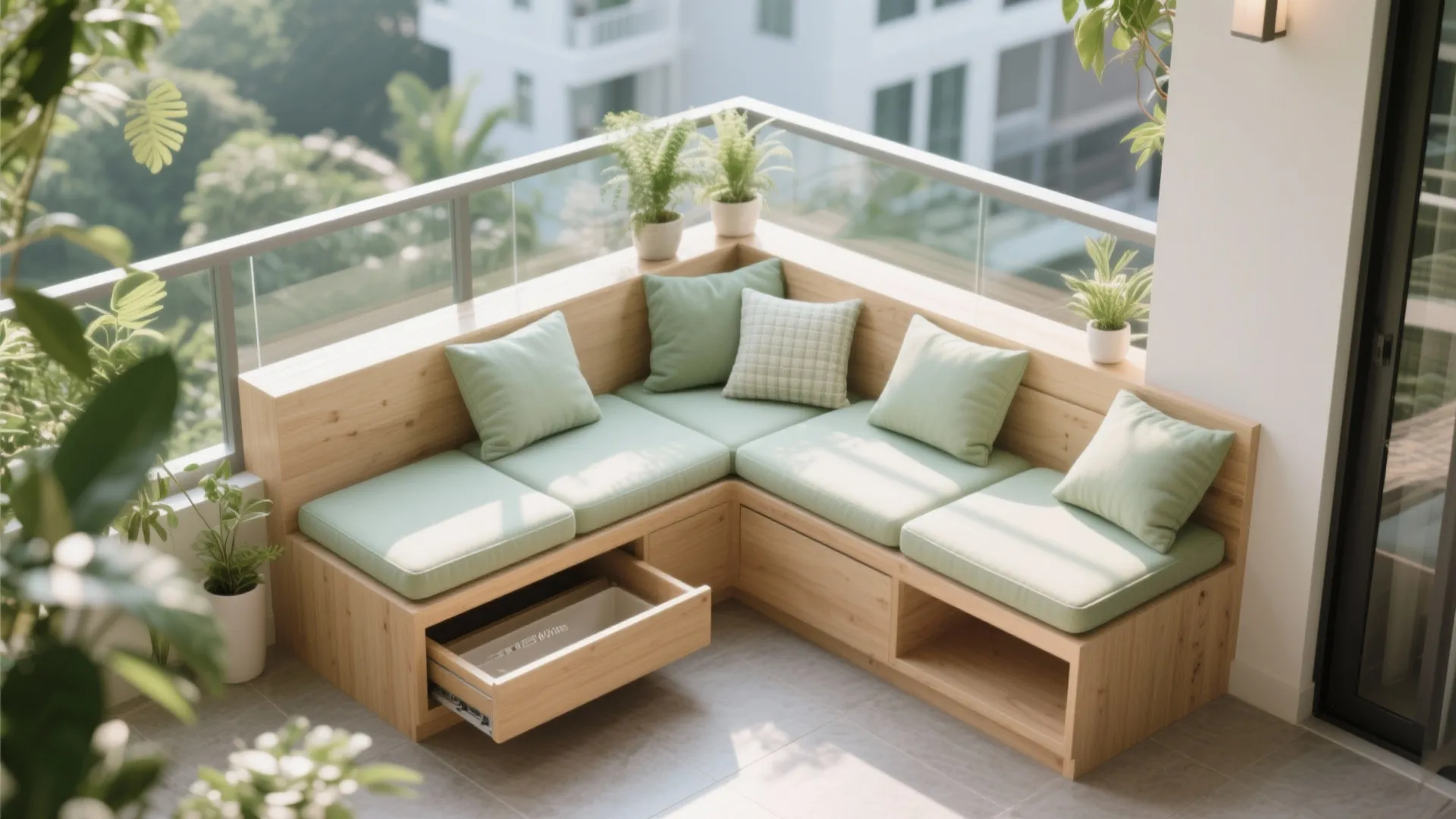 Modern wooden corner sofa with green cushions and built-in storage drawers on a bright balcony