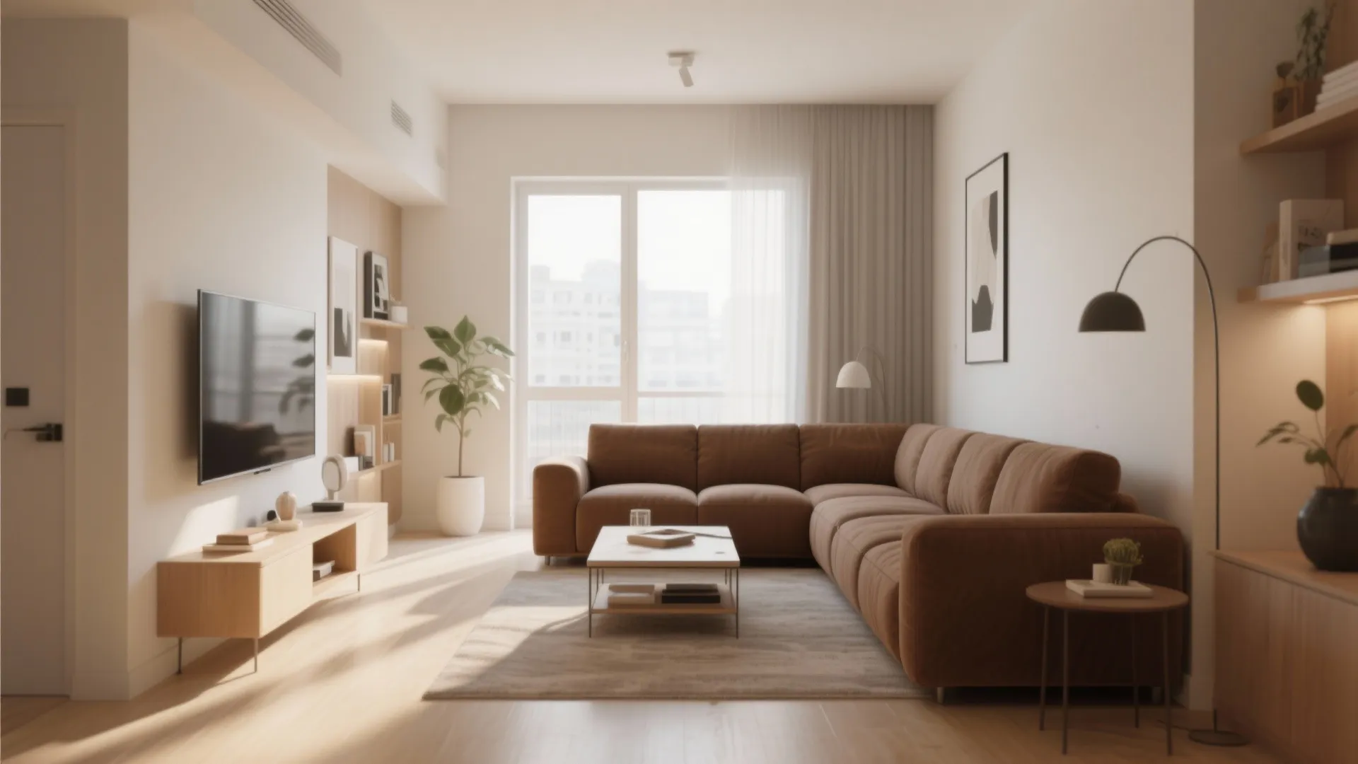 L-shaped brown sectional in bright small apartment