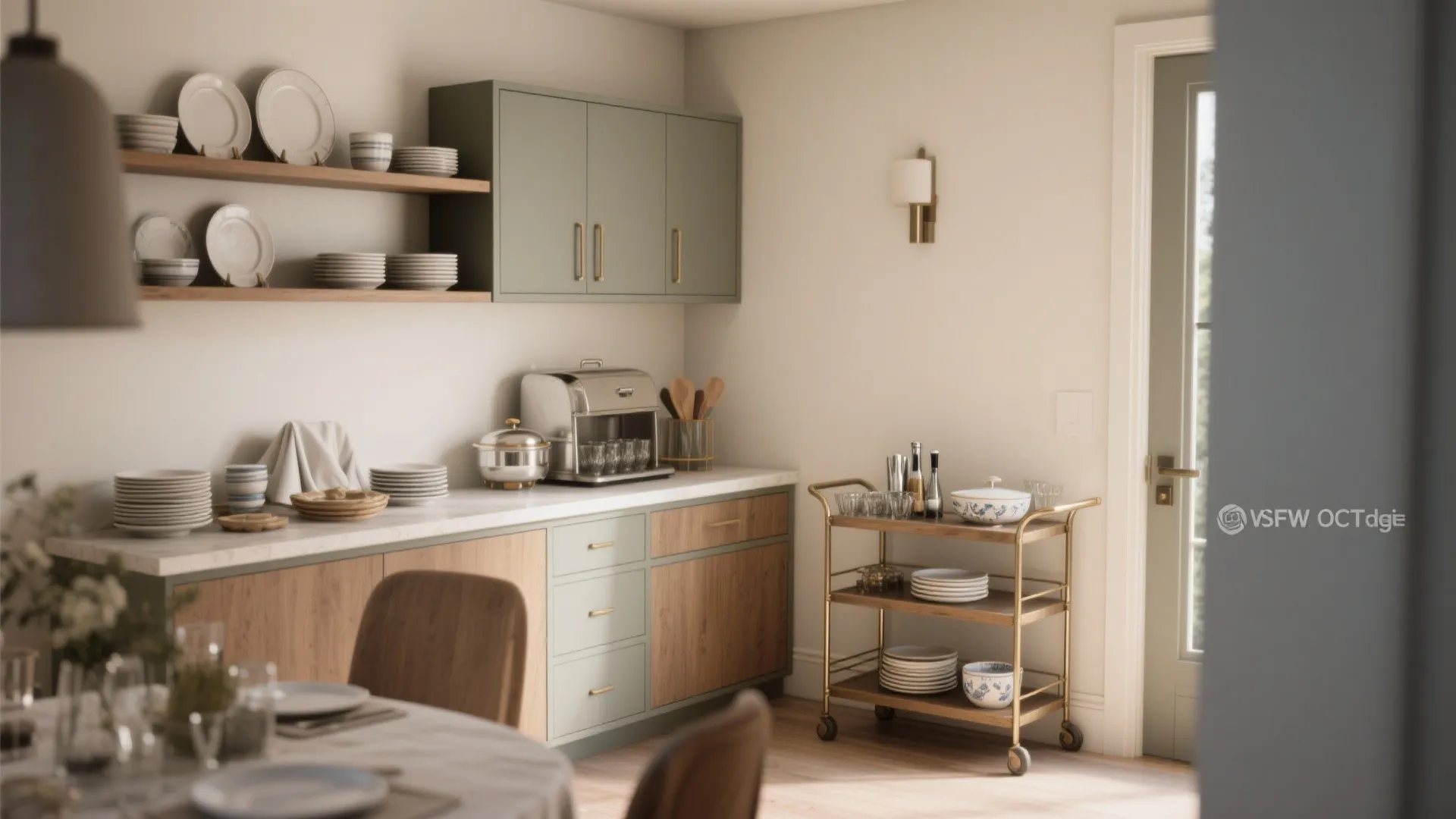 L-shaped Buffet and Wall Arrangement