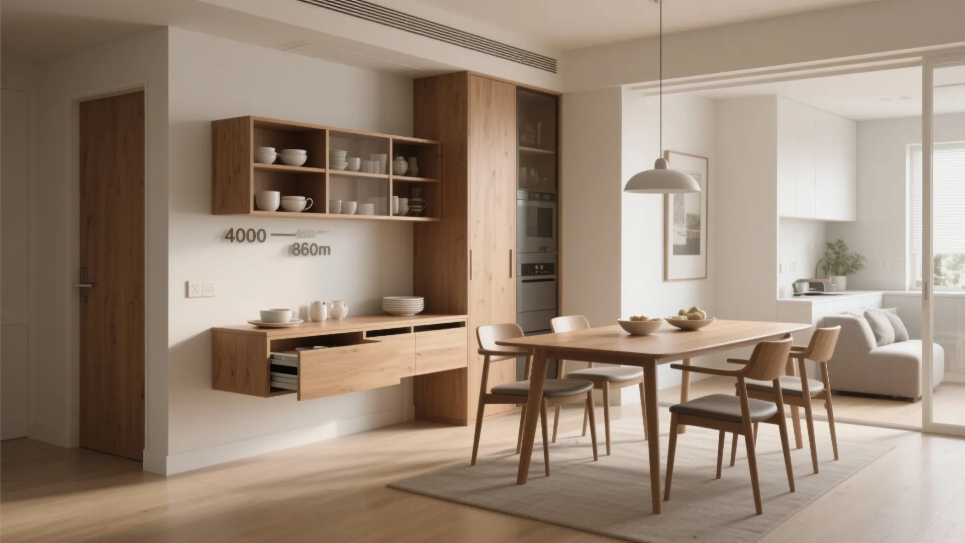 L-shaped buffet plus tall pantry tower