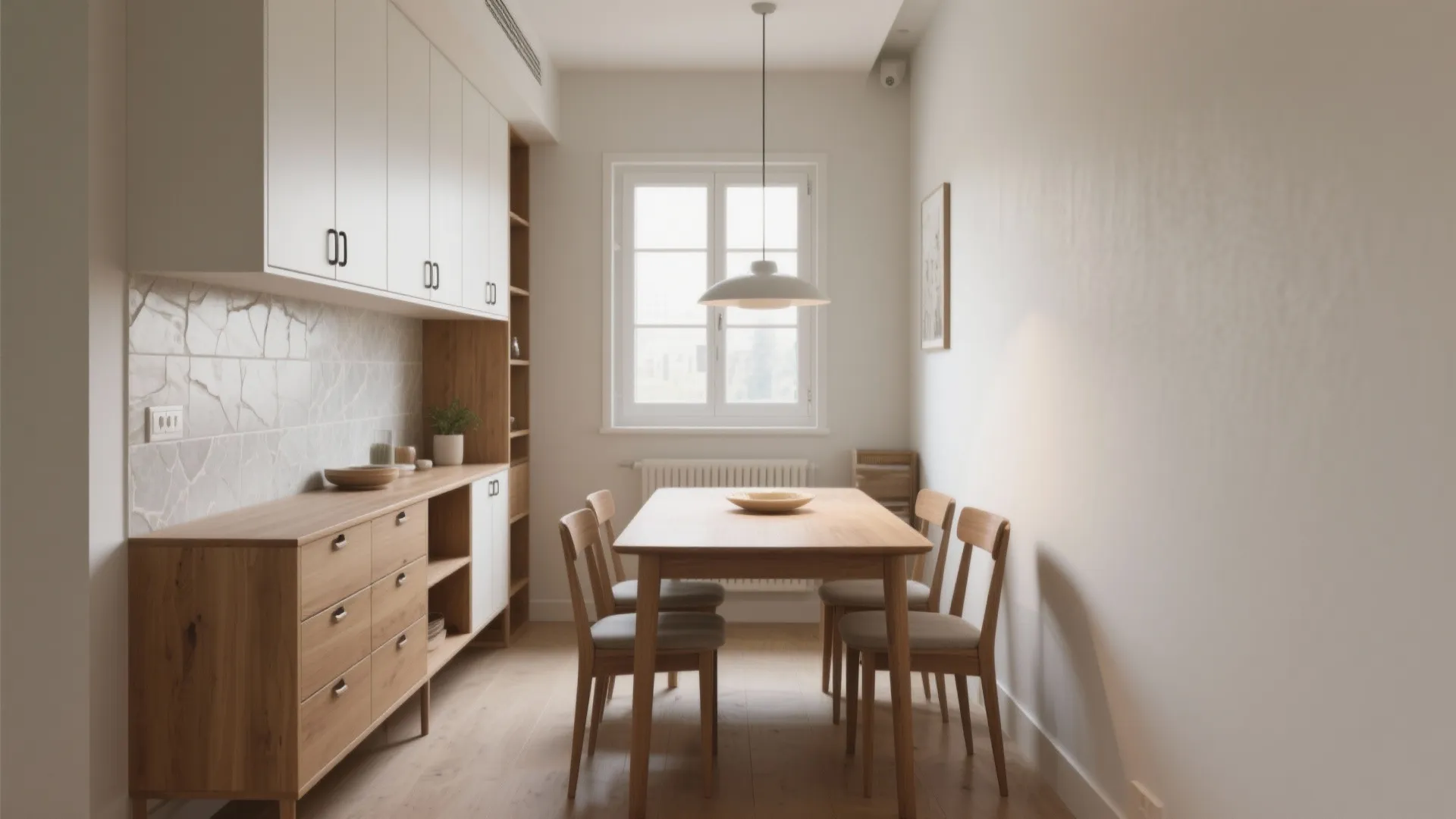 L-shaped cabinet wall that doubles as a buffet