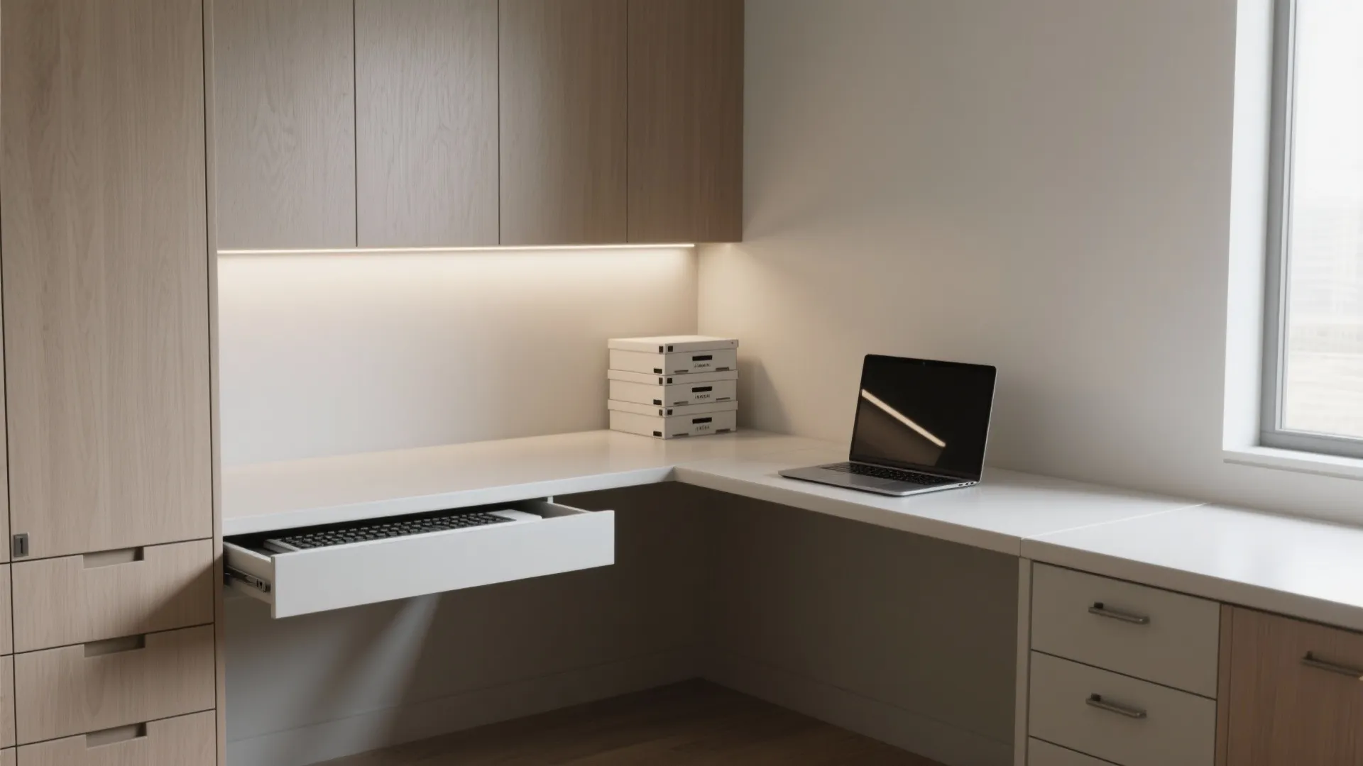 L-shaped built-in corner desk with drawer stack and slim keyboard drawer, modern laminate finish.