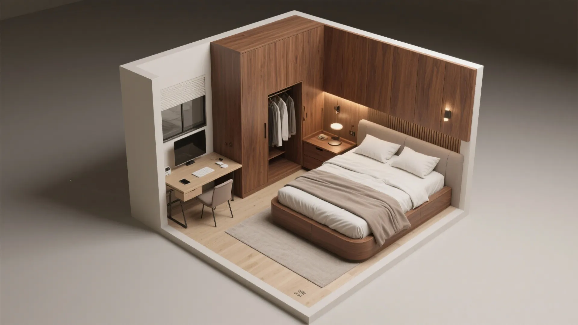 Interior design drawing showing a small bedroom with wooden wardrobe desk and a double bed