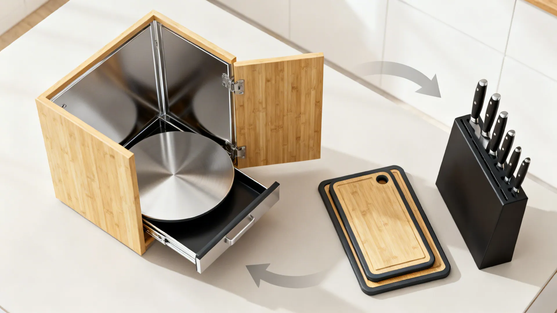 Top-down view of a corner turntable, nesting cutting boards, and a magnetic knife strip bundle.