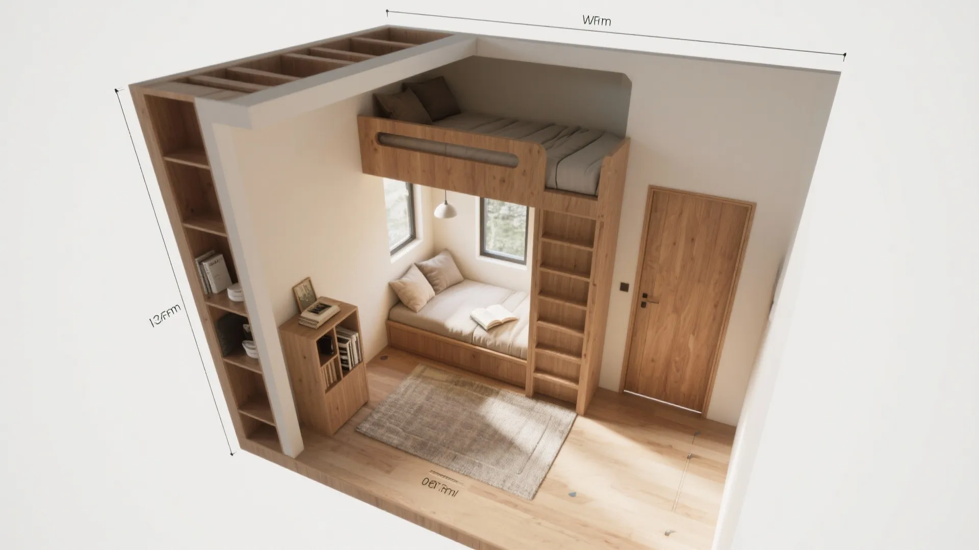 Interior design drawing showing a small bedroom layout with bunk bed rug and wooden floor