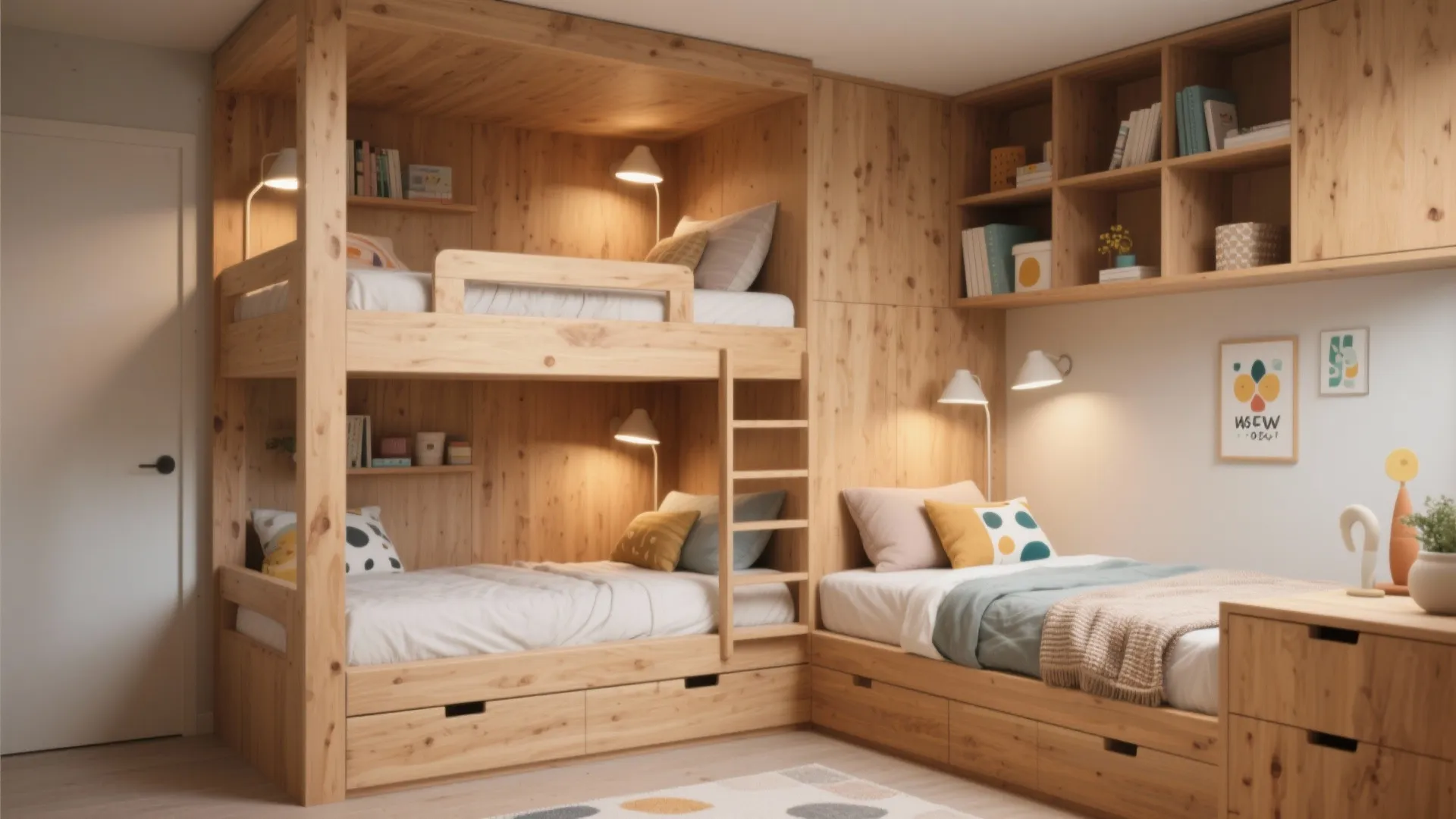 L-shaped bunk with a single bed creating distinct corner nooks and individual lighting in a small bedroom.