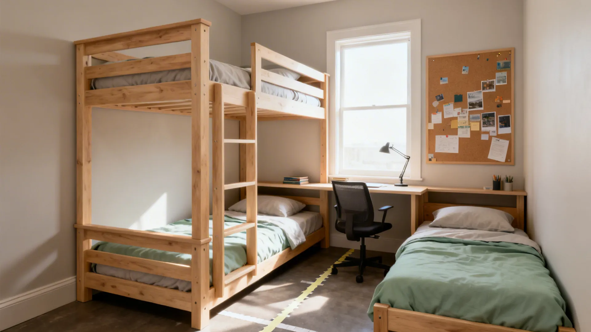 L-shaped bunk bed creating a bright desk nook in a narrow room.
