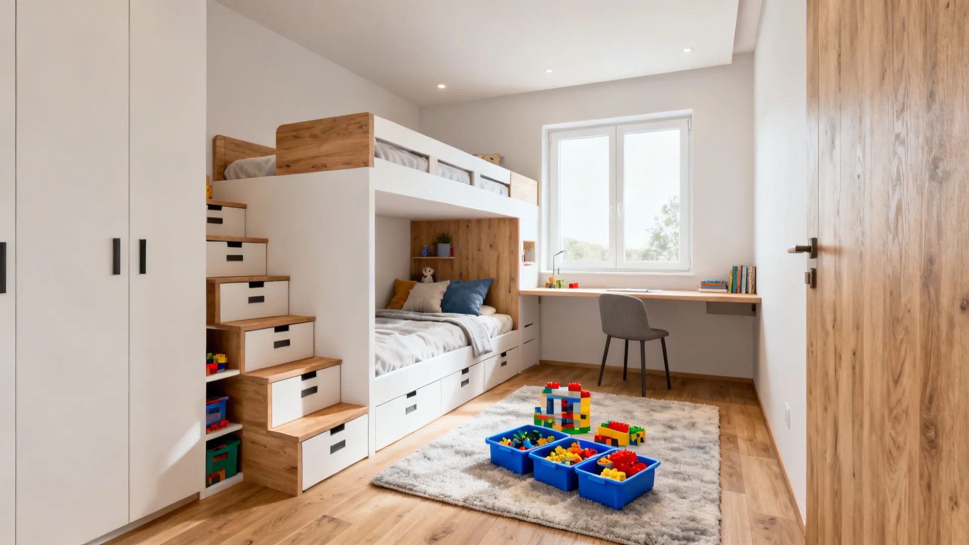 L-shaped bunk bed creates a central play area with storage stairs and a corner desk.
