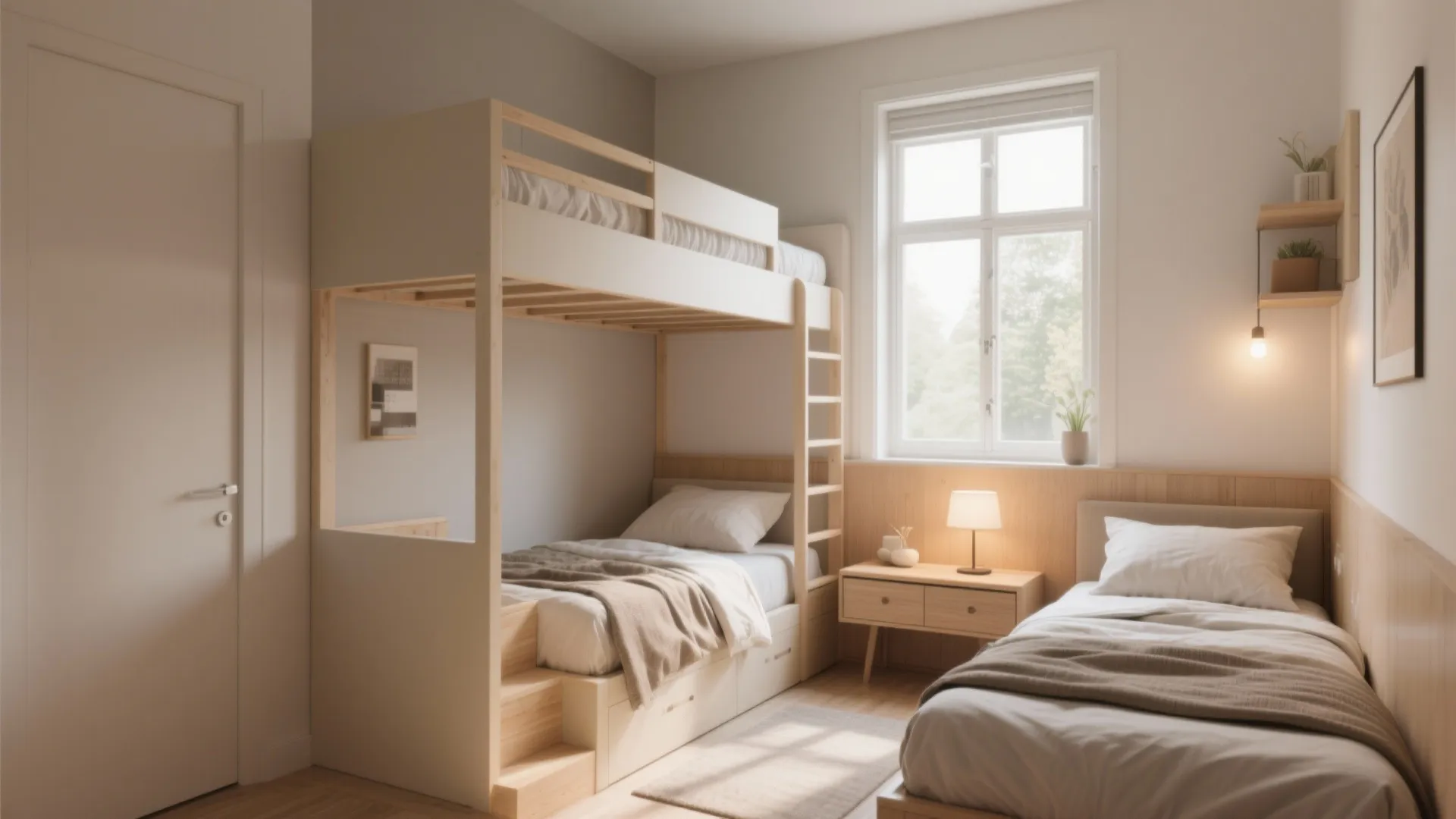 Minimalist kids bedroom showing white bunk beds with stairs next to a separate single bed