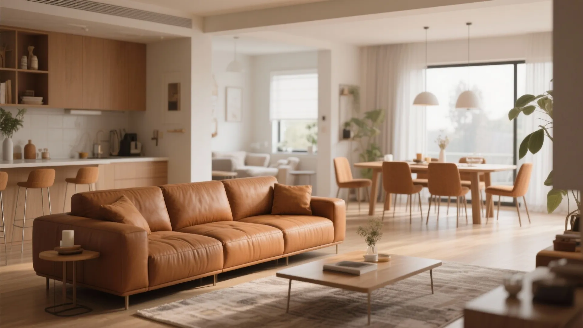 3. L-Shaped Layout with Caramel Coziness