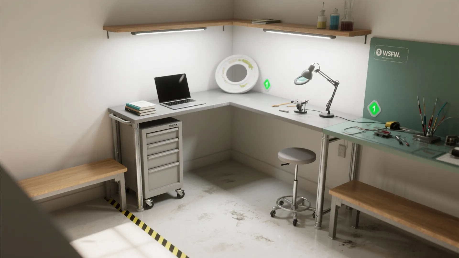 Corner work area with grey L shaped desk laptop desk lamp stool and rolling metal cabinet