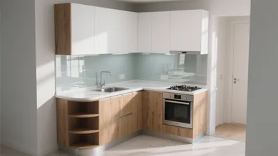 Modern L-Shaped Kitchen with Wood & Mint Backsplash