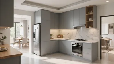 Modern Gray Kitchen with Marble Backsplash & Smart Storage