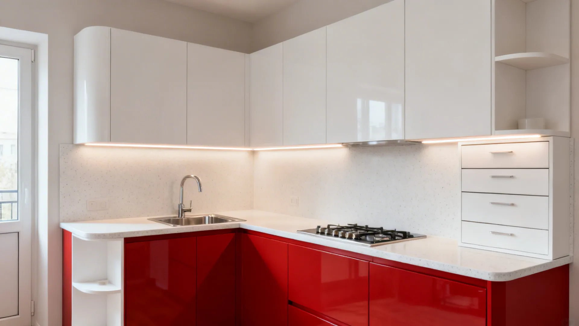 Compact L-shaped kitchen with red lowers, white uppers, and bright LED task lighting.