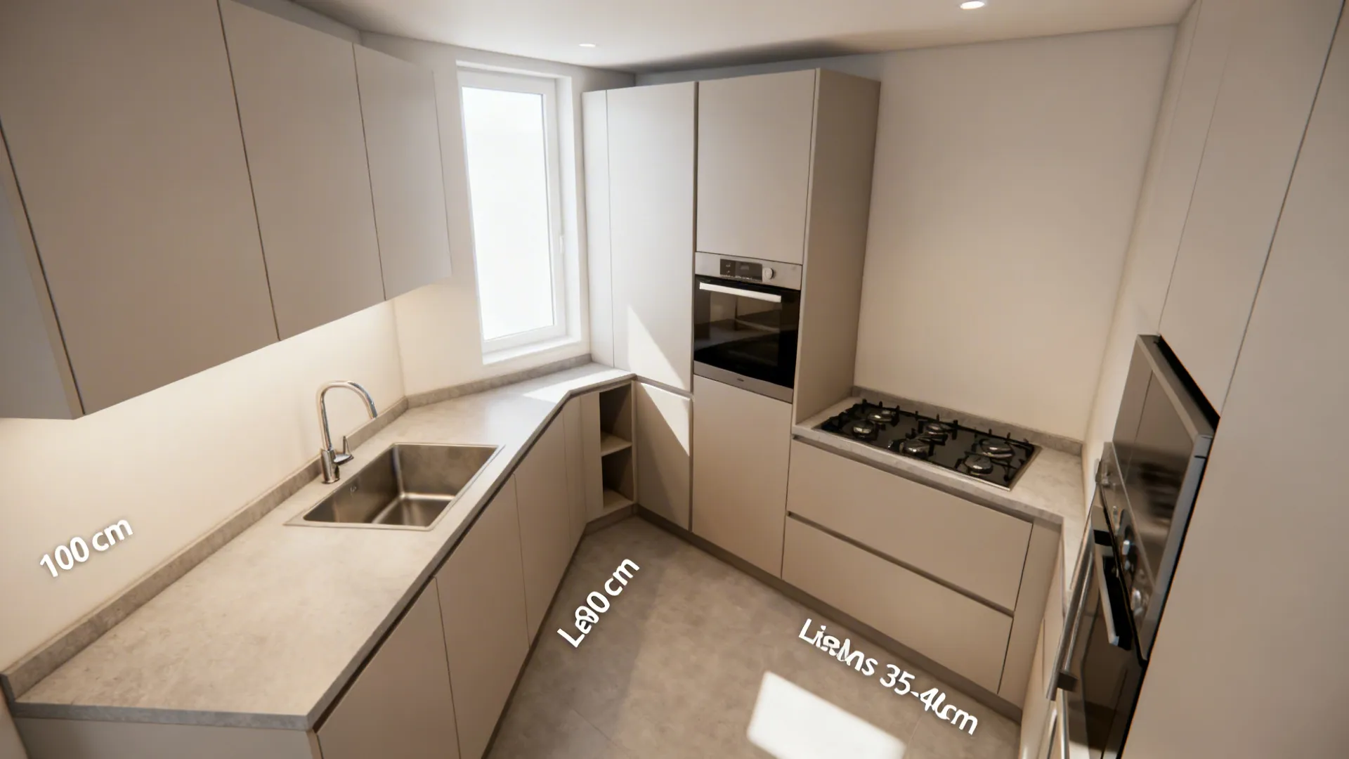 Small L-shaped kitchen with continuous prep counter, corner unit, and shallow upper cabinets.