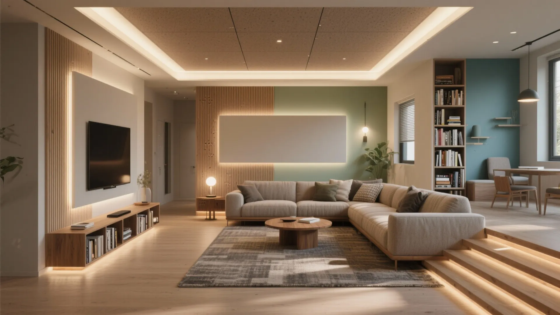 Modern living room featuring l-shaped recessed ceiling lighting wood wall panels and a beige sofa