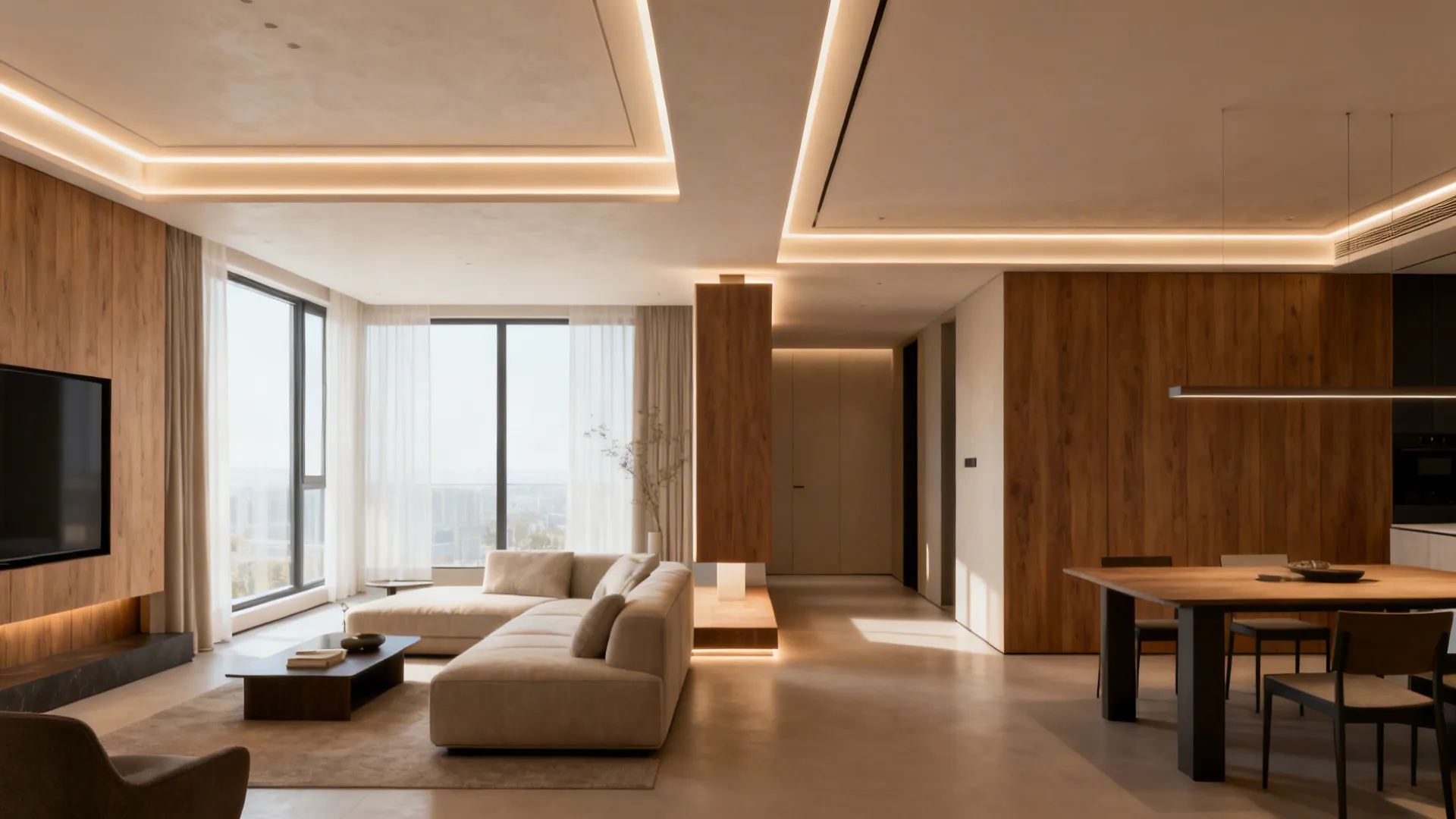 Modern living room featuring wood wall paneling integrated light fixtures and open plan dining area