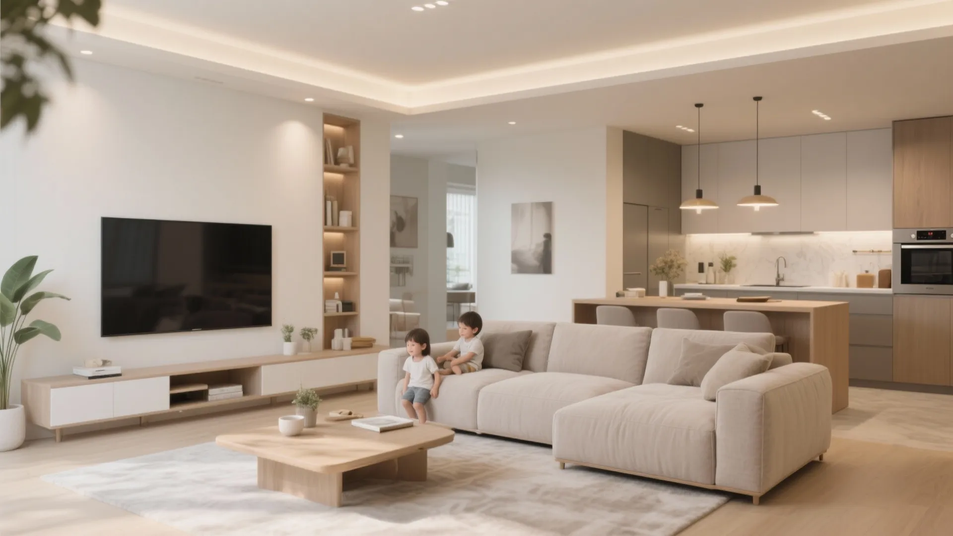 Modern open living room with cream sofa wood furniture television kitchen counter and two small children