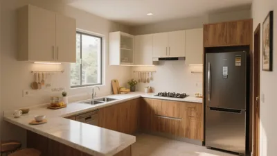 Modern L-Shaped Kitchen with Wood Accent Cabinets