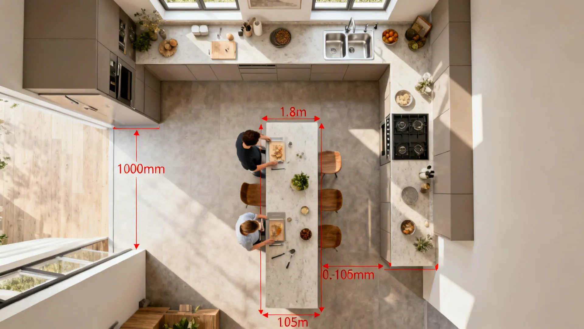 Overhead view of kitchen layout with red measurement lines showing walking space around the island