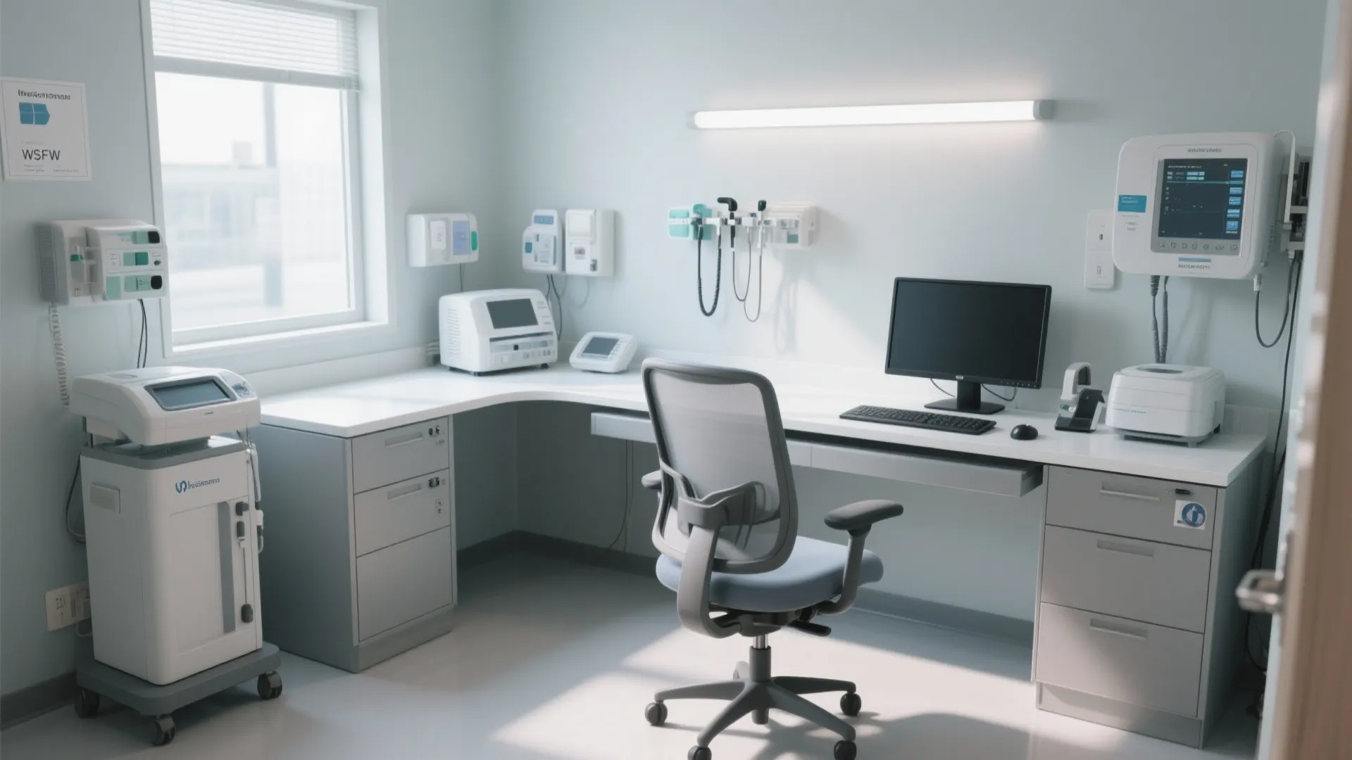 L-shaped white desk with computer and medical equipment in a bright clinic room with window