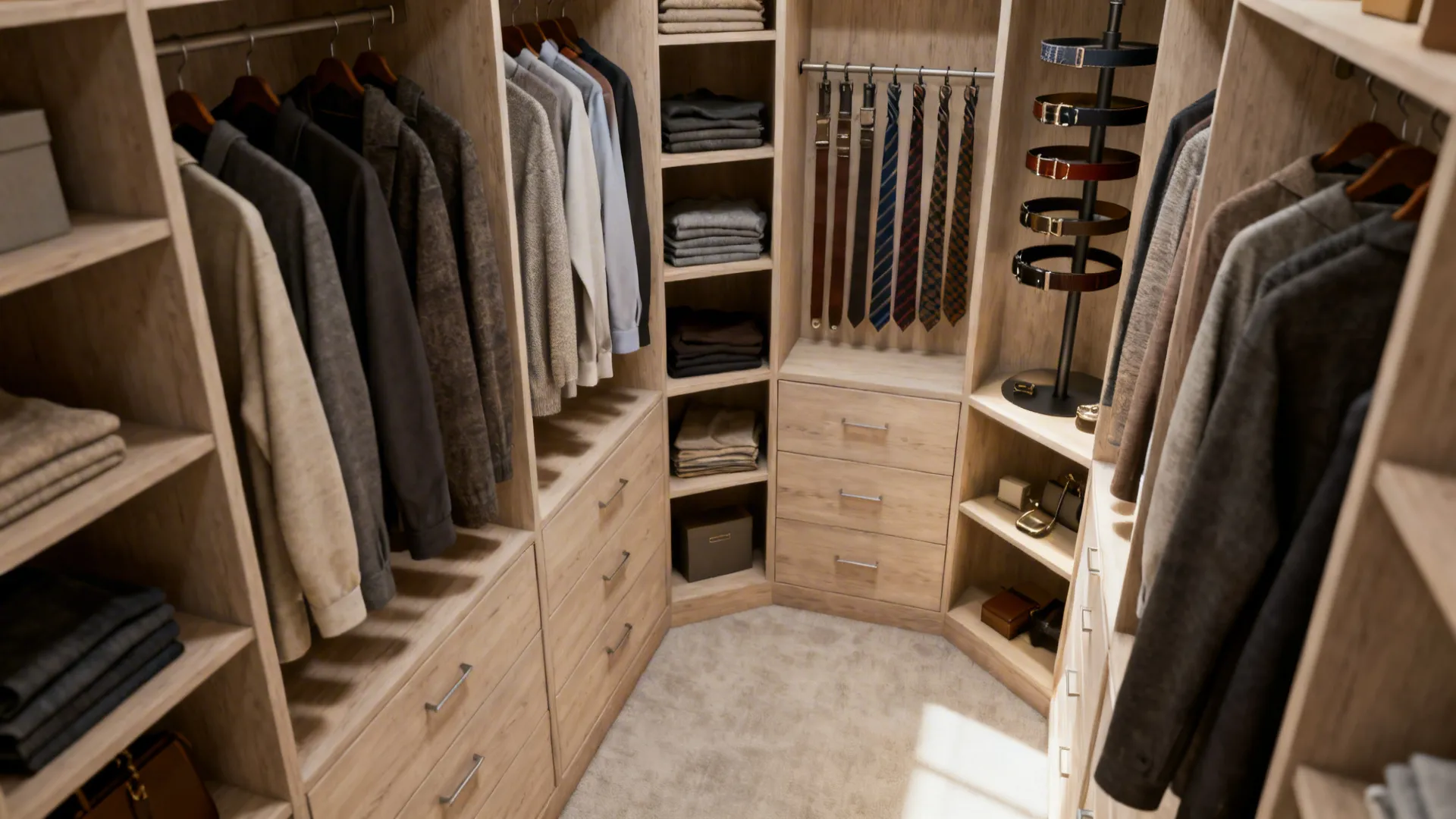 L-shaped walk-in closet with rotating corner tie rack and dedicated long-garment side