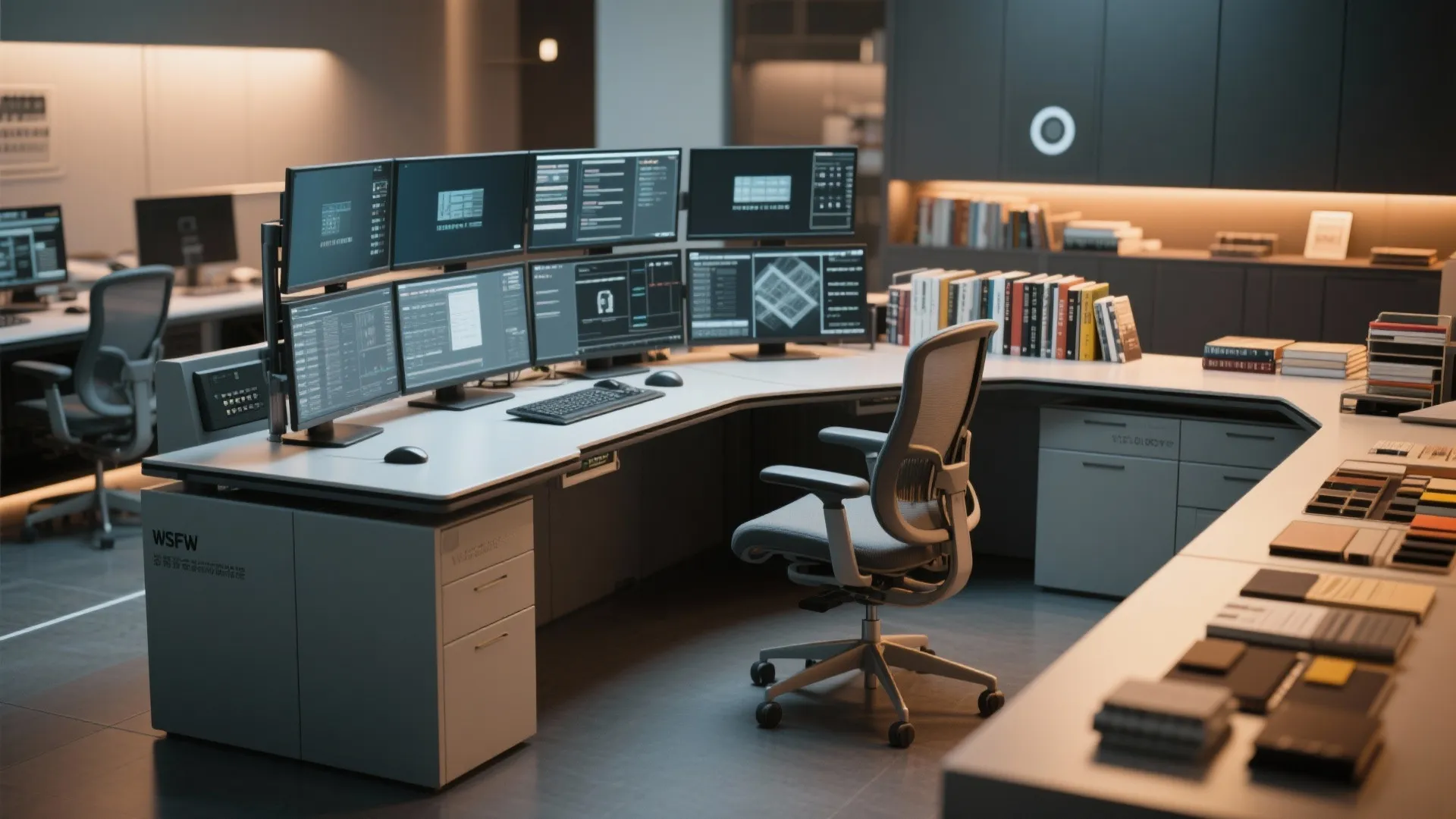 Modern office command center with multiple computer monitors on a large desk and ergonomic chair