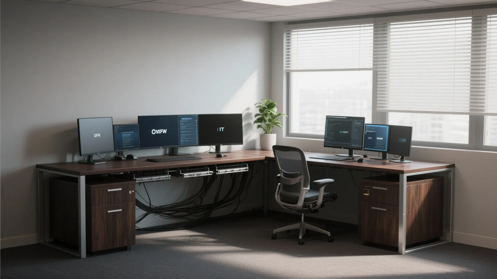 IT办公室角落的L型办公桌，多屏幕环境整洁有序
