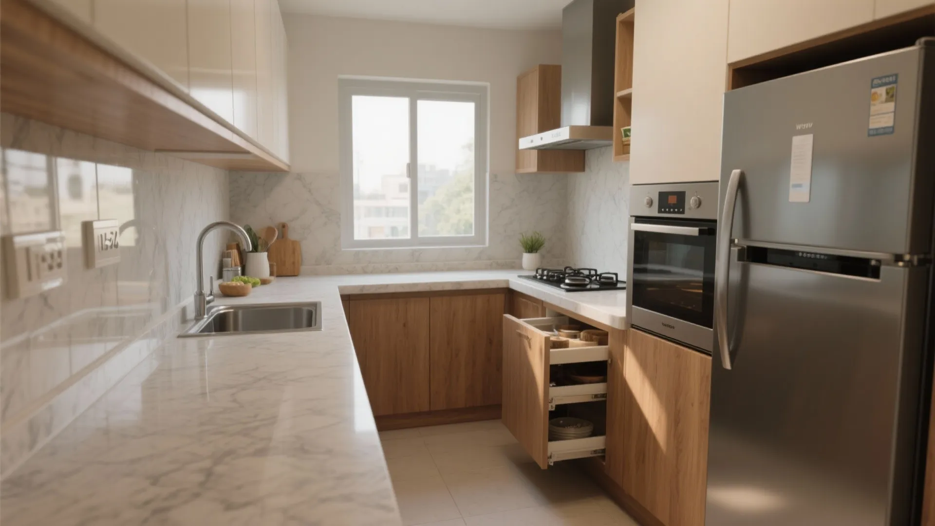 Modern L-shaped kitchen with marble countertop wooden cabinets stainless steel fridge oven sink and window