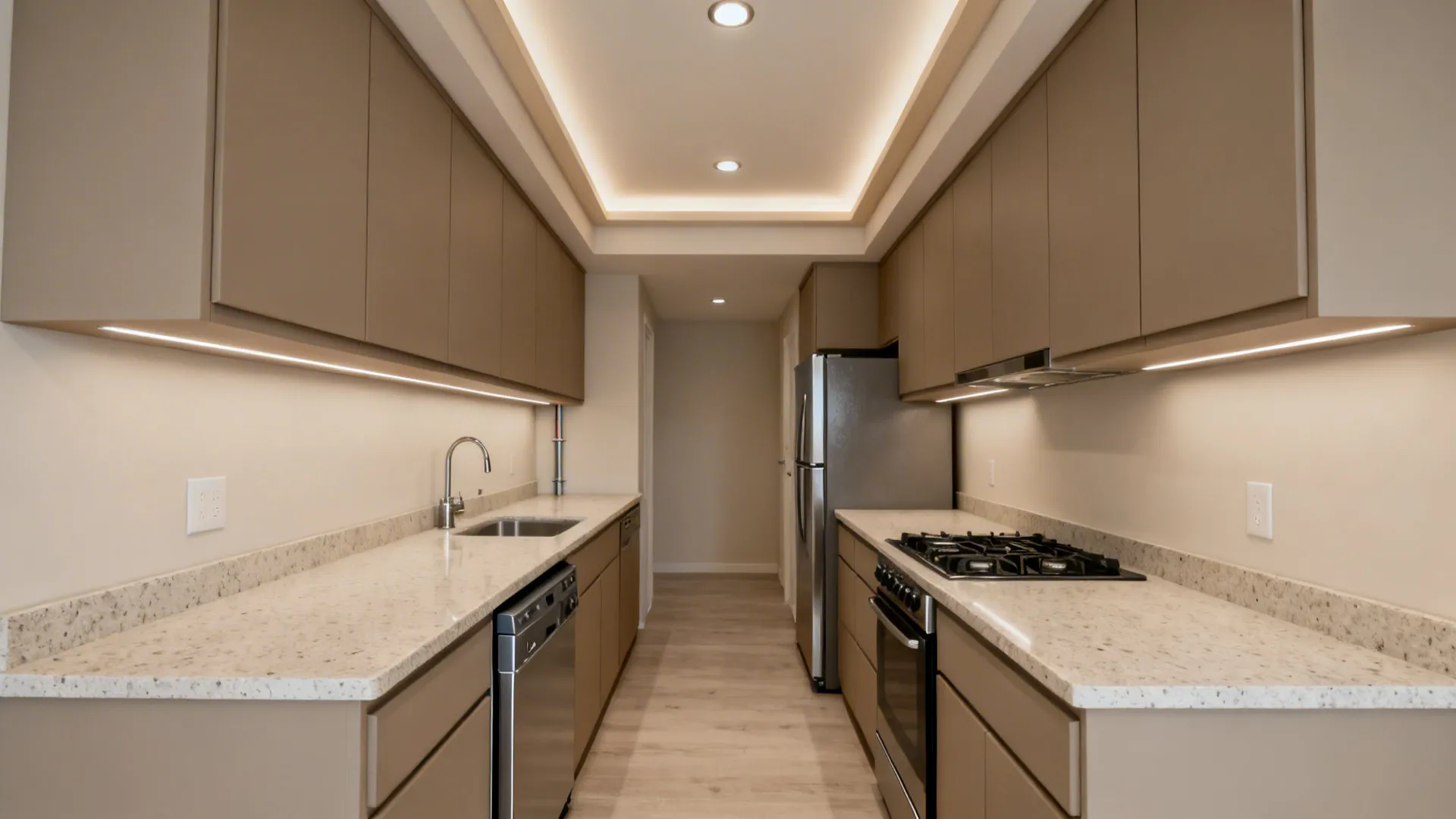 L-shaped small kitchen with right-sized appliances and a simplified POP ceiling grid.