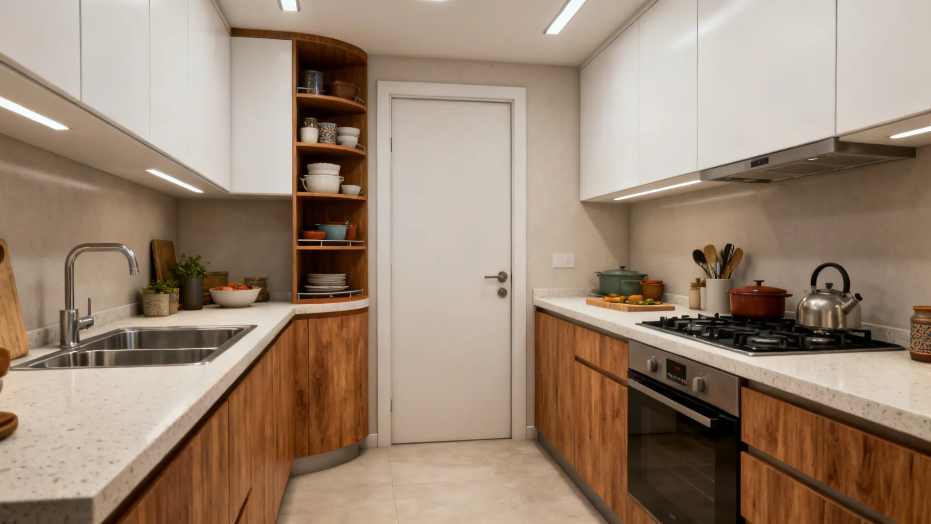 Compact L-shaped Pakistani kitchen with efficient triangle and light quartz counters.