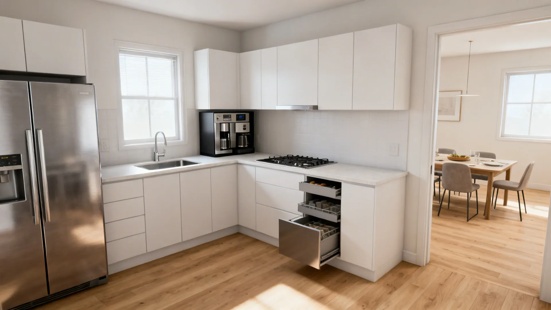 Compact L-shaped kitchen with a clear landing zone by the fridge and open sight lines.