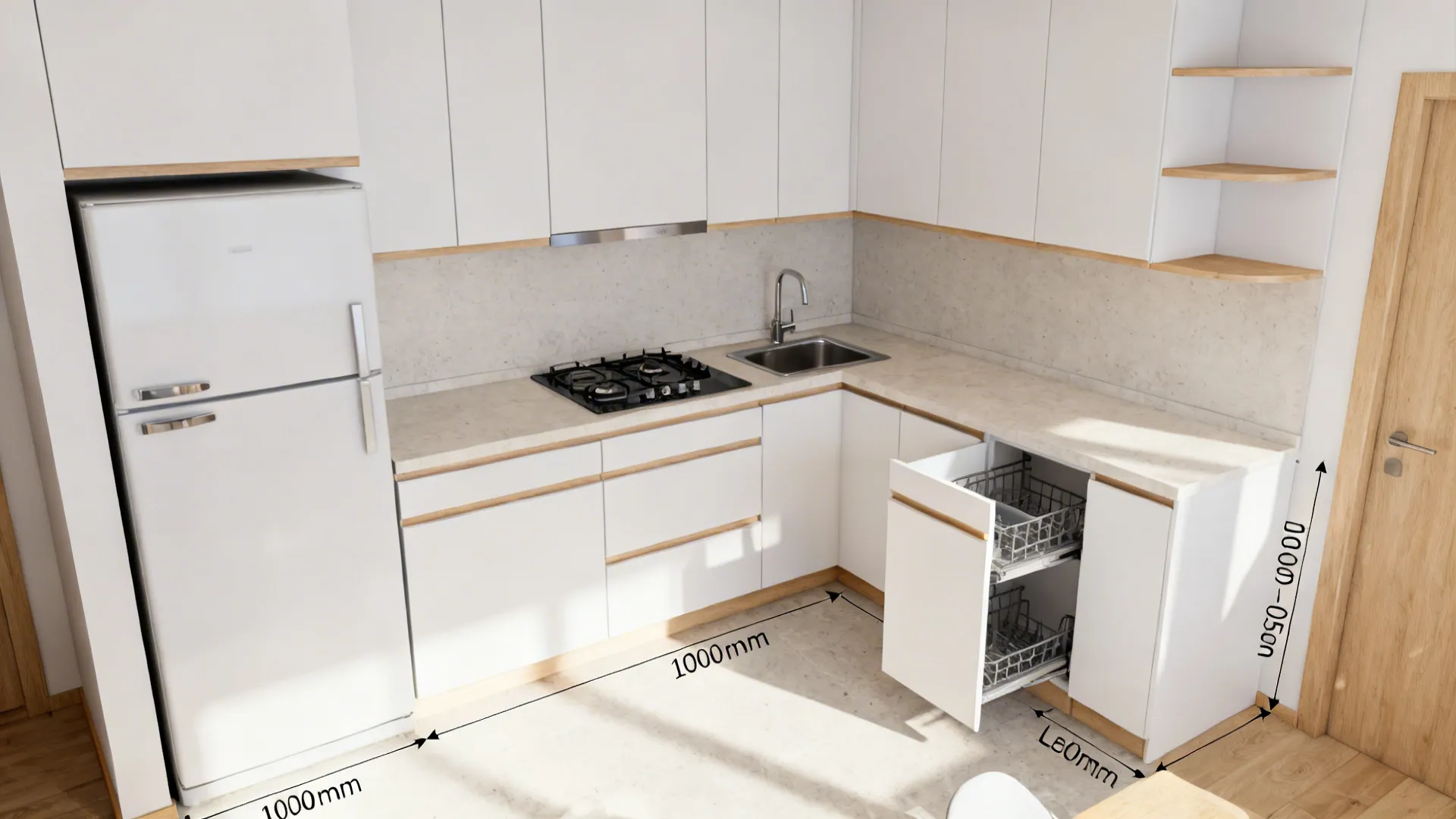 L-shaped small kitchen with fridge on the short leg and a 1200 mm clear prep run on the long side.