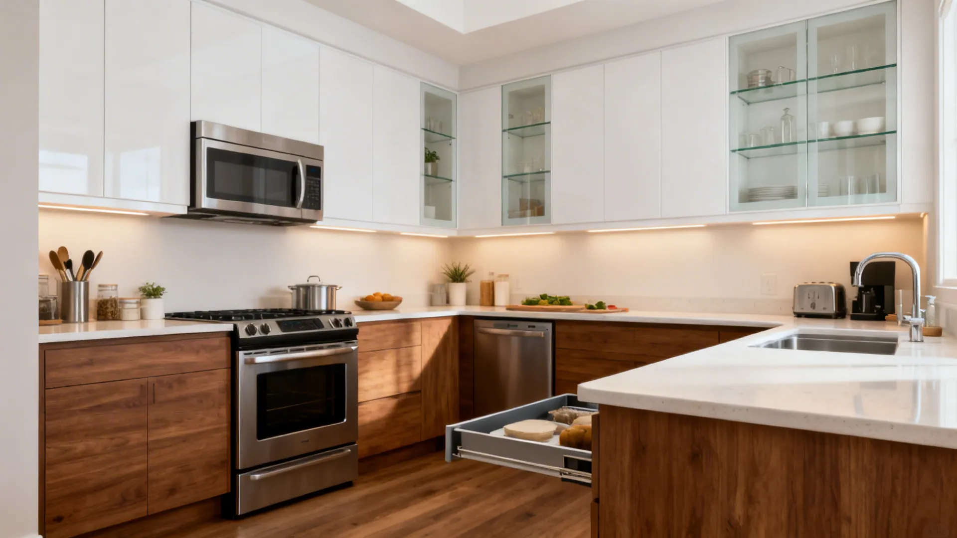 Compact L-shaped layout for prep-friendly counters