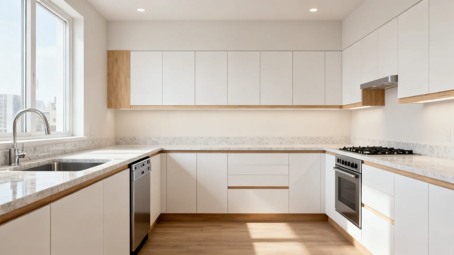 Compact L-shaped kitchen with long uninterrupted counters and clear circulation.