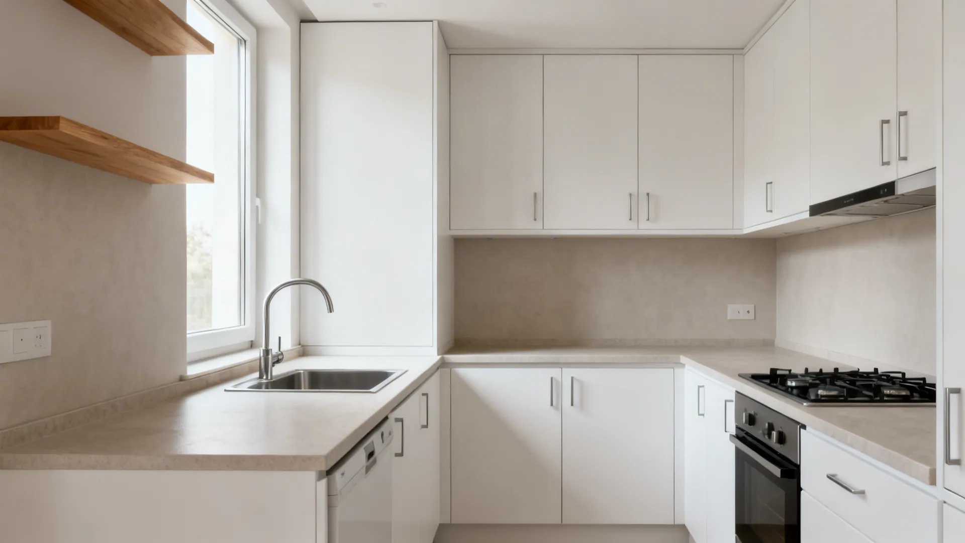 Small L-shaped kitchen with white cabinets wooden shelves window sink black stove and light countertop