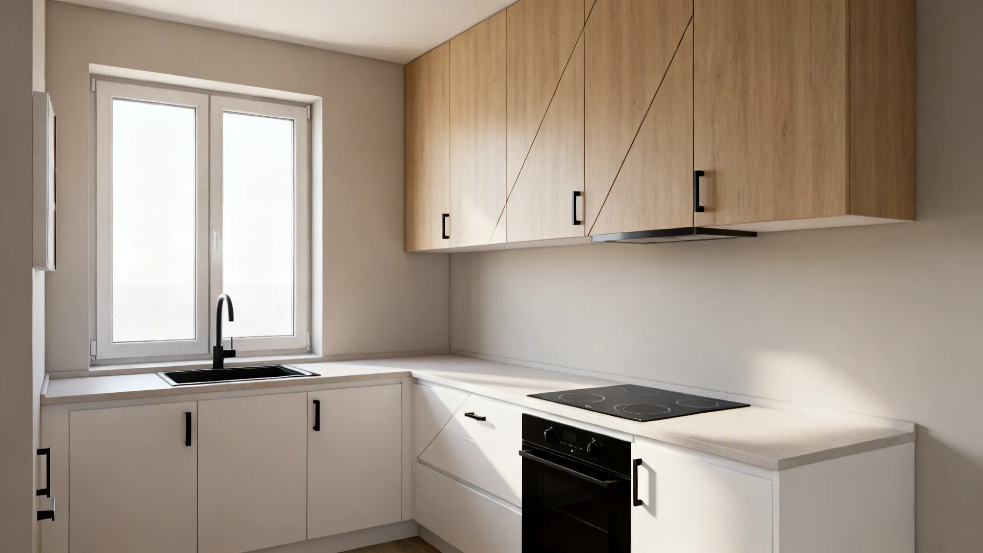 Compact L-shaped kitchen with sink on the short leg and clear prep space by the cooktop