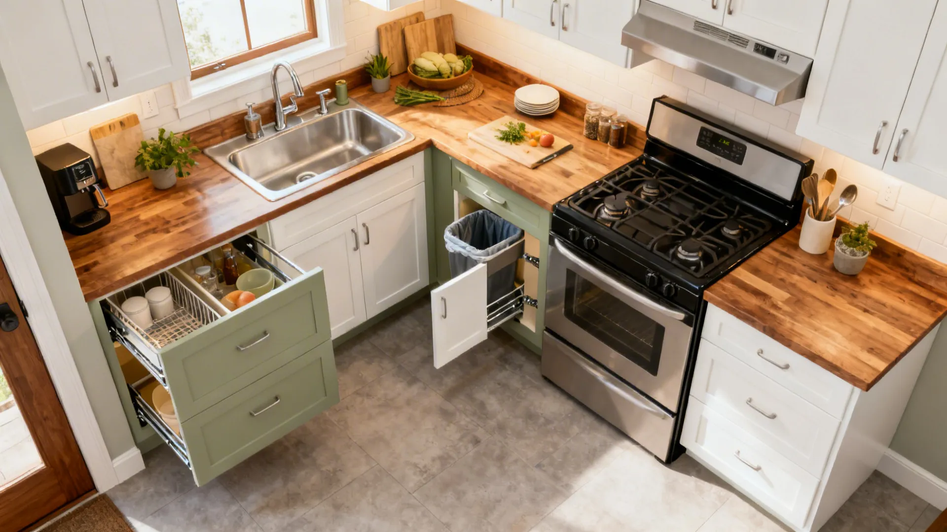 Compact L-shaped kitchen with clear prep zone, 24-inch appliances, and corner storage hardware.