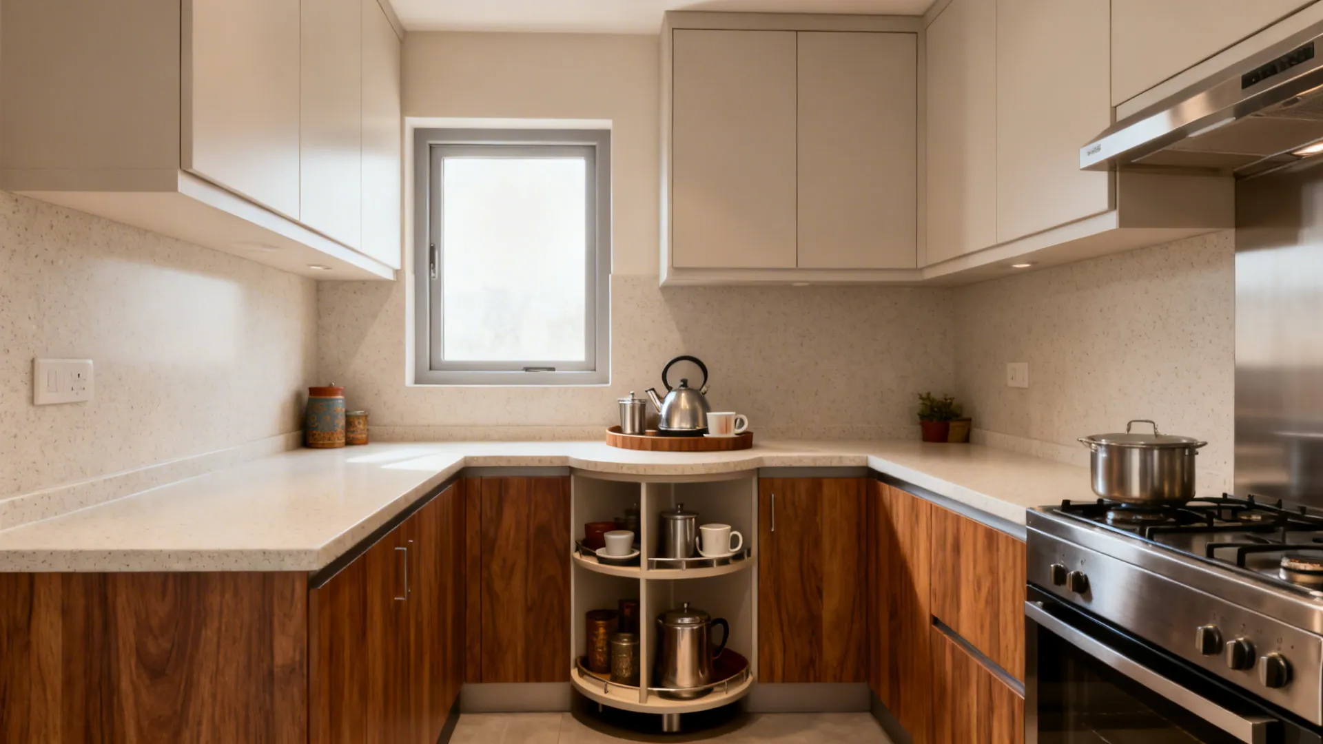 L-shaped small kitchen with corner carousel and a cozy chai corner.