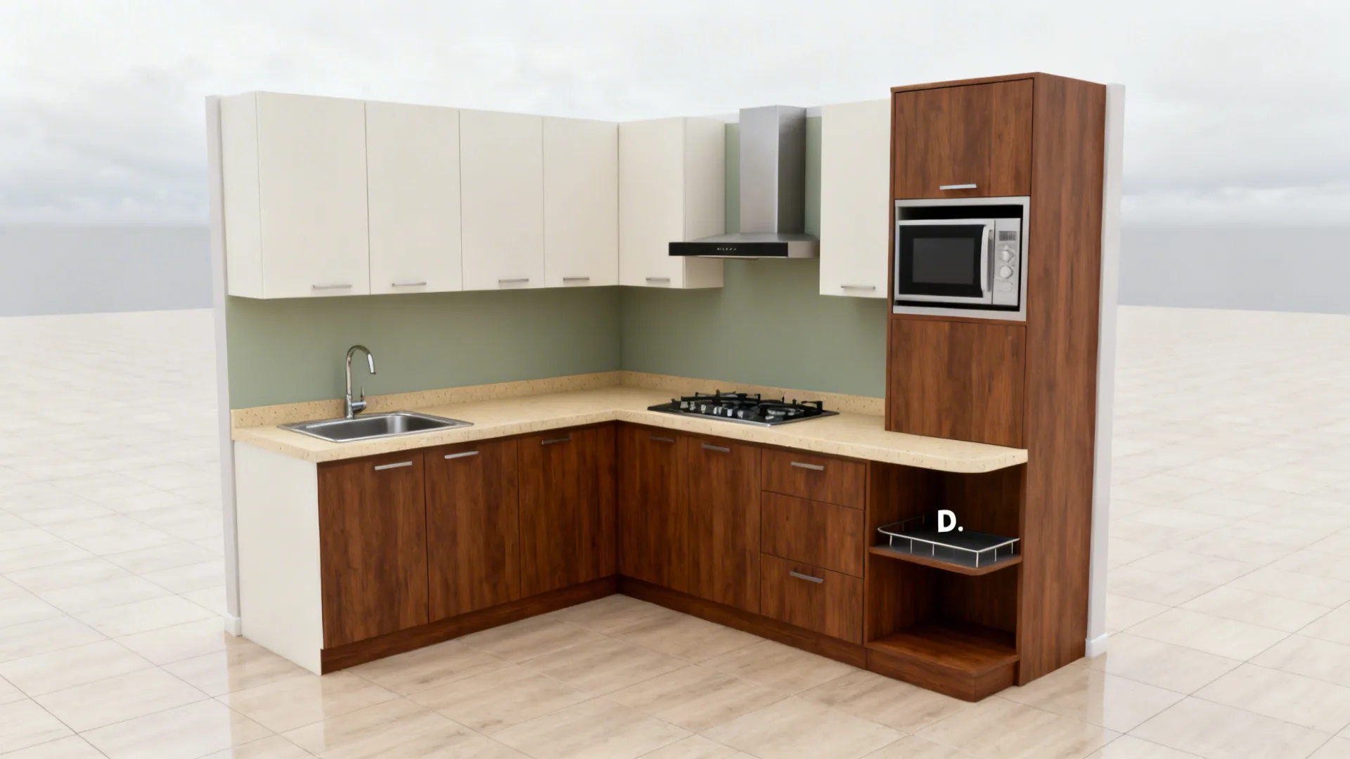 Compact L-shaped Indian kitchen with uninterrupted prep zone and tall unit for appliances.